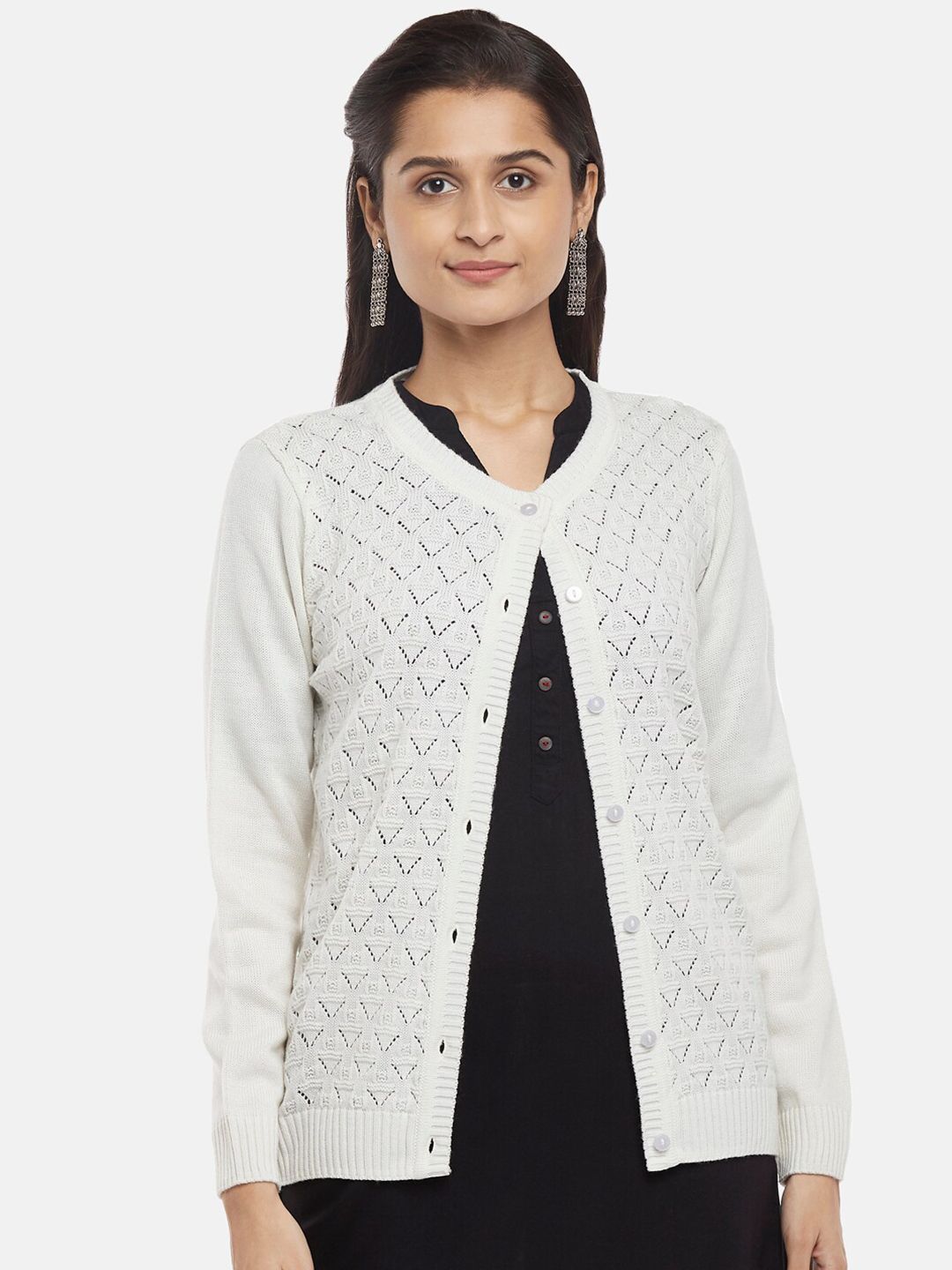 RANGMANCH BY PANTALOONS Women Off White Pure Acrylic Cardigan Price in India