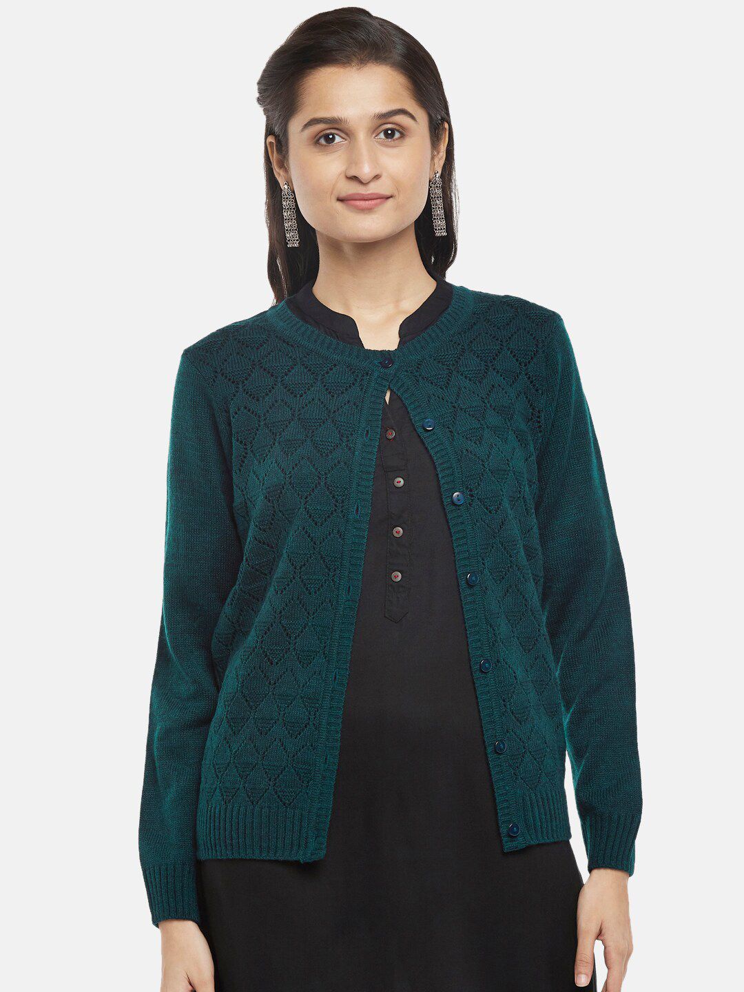 RANGMANCH BY PANTALOONS Women Teal Cable Knit Acrylic Cardigan Price in India