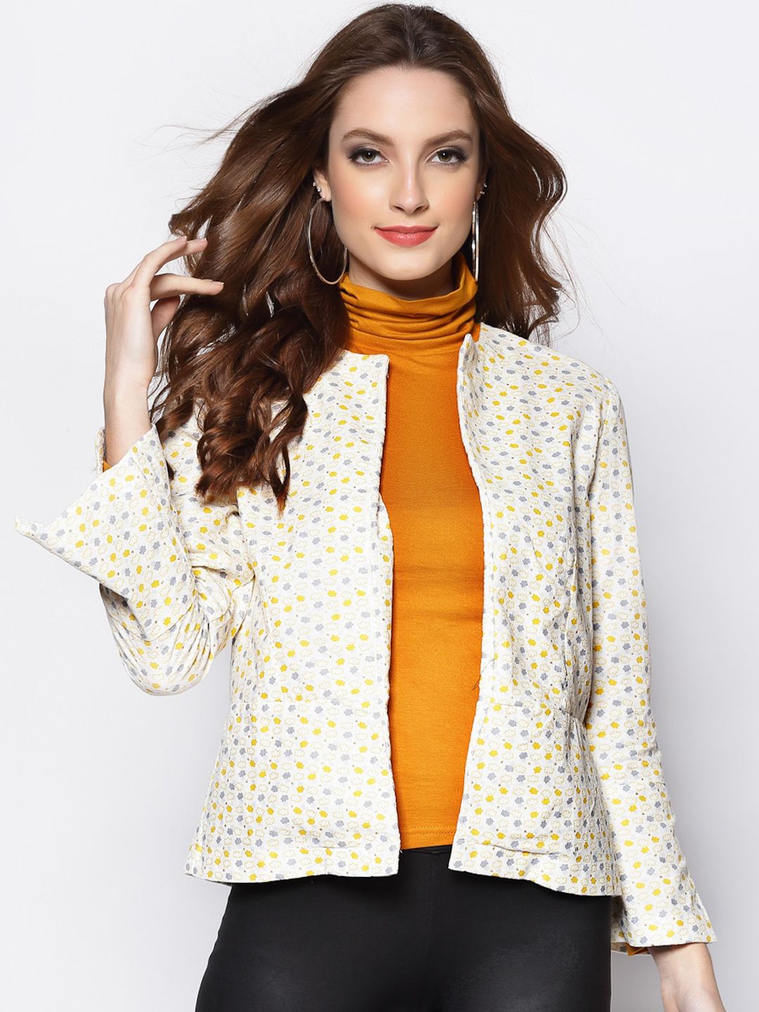 Sera Women Off White & Yellow Floral Lightweight Crop Tailored Jacket Price in India