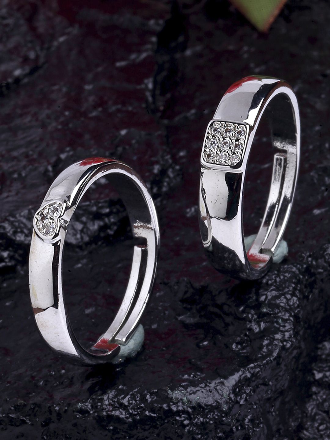 KARATCART Set Of 2 Silver-Plated Crystal-Studded Adjustable Couple Finger Rings Price in India