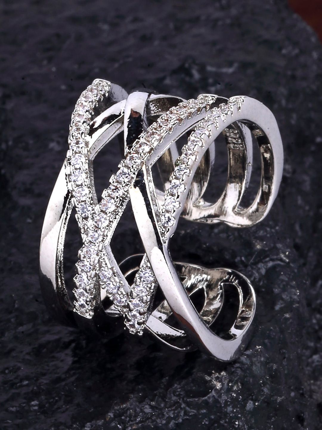 KARATCART Silver-Plated White Austrian Crystal-Studded Finger Ring Price in India
