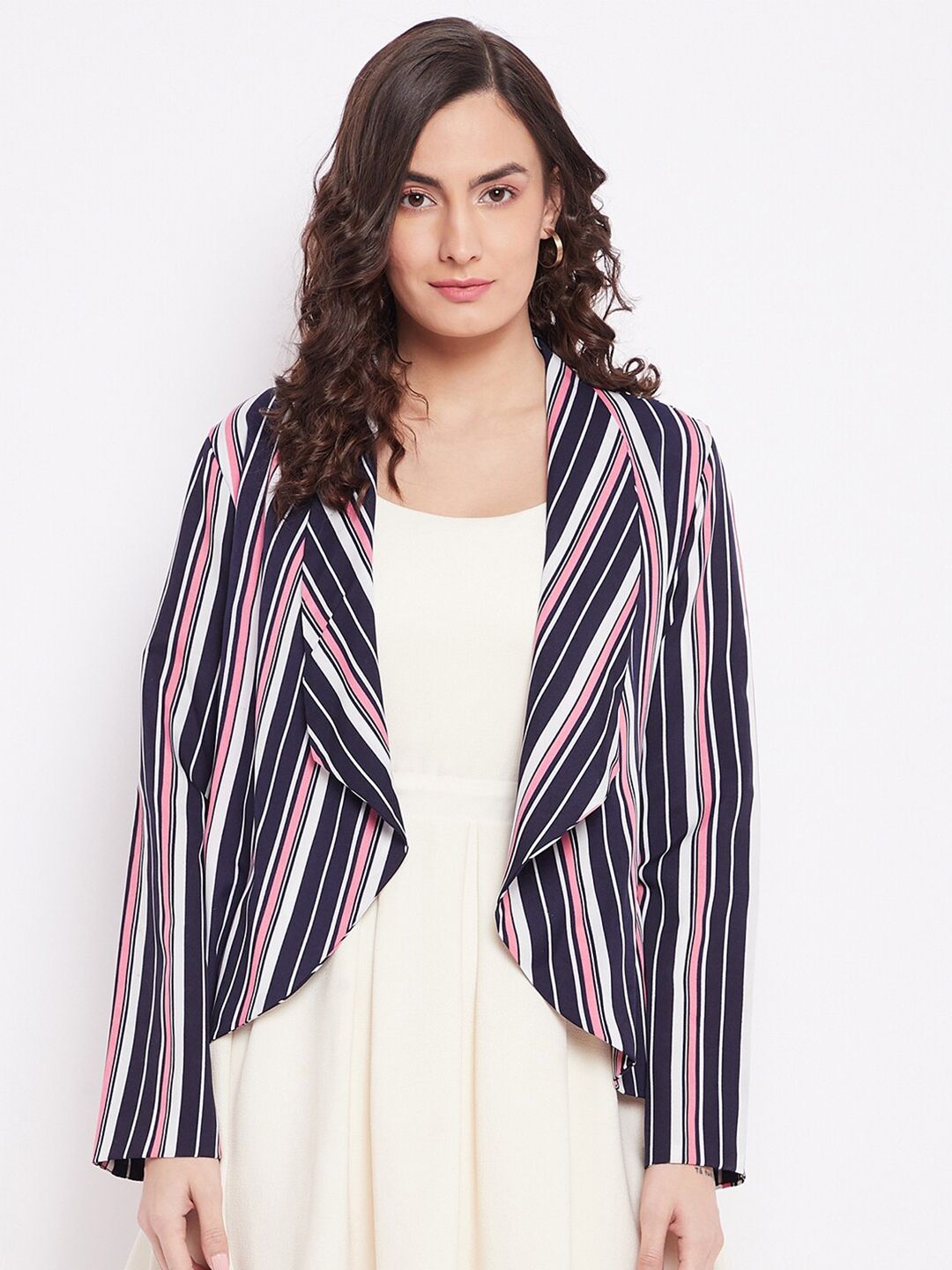 PURYS Women Navy Blue & Pink Striped Shrug Price in India
