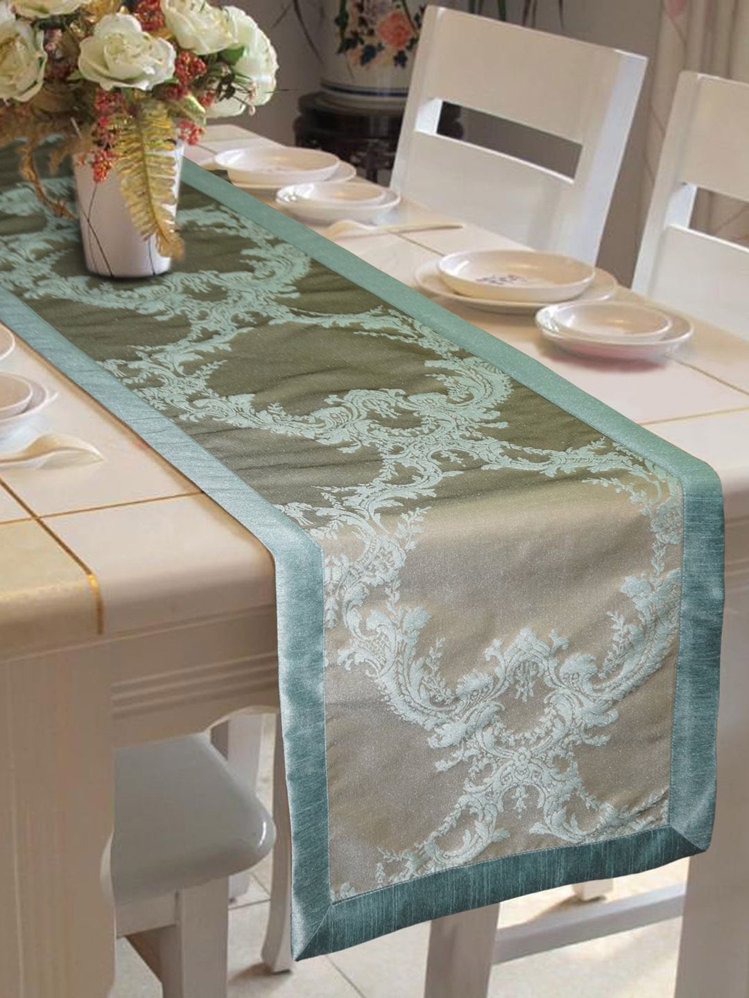Lushomes Blue & Grey Jacquard Table Runner Price in India