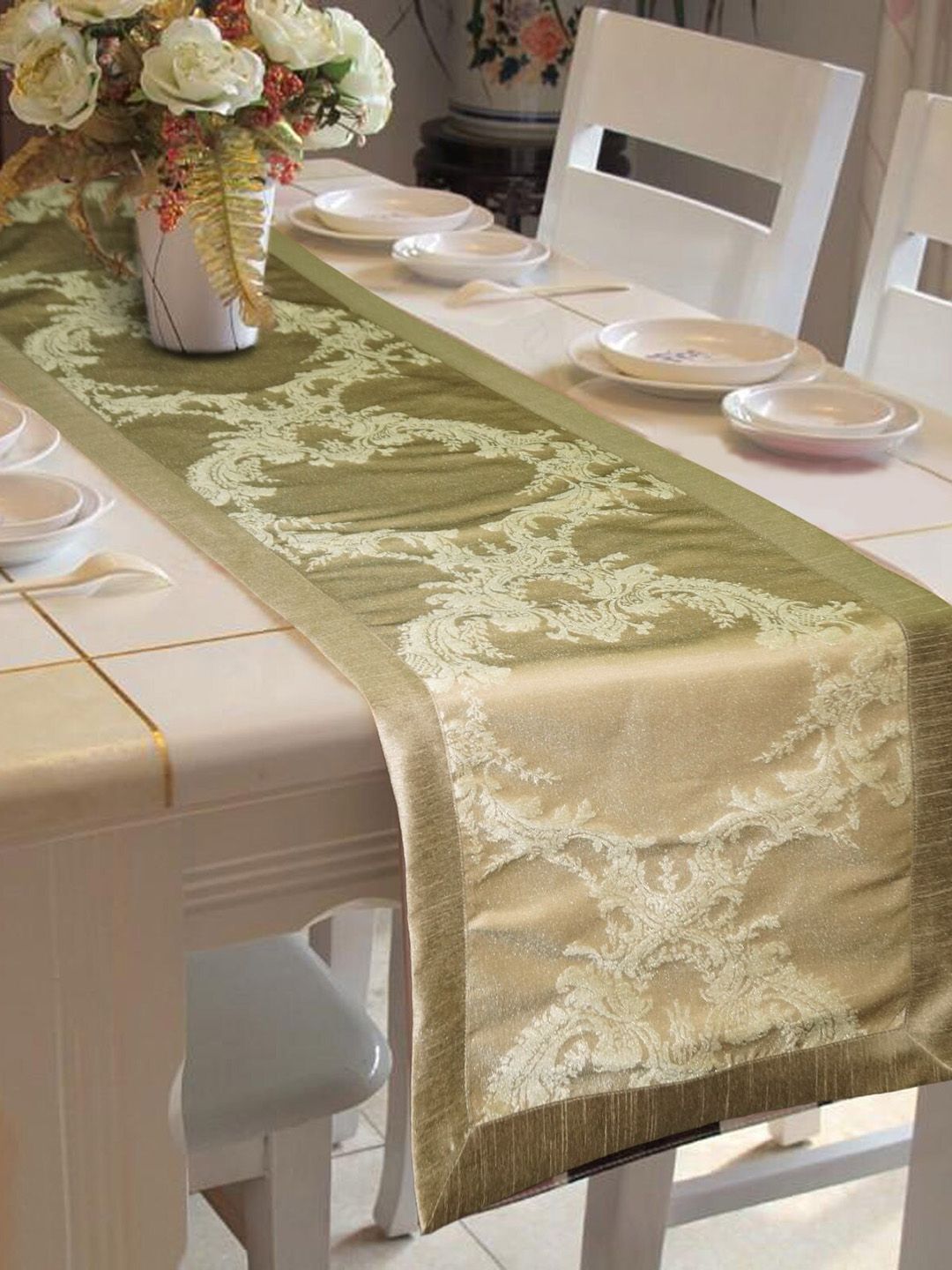 Lushomes Olive Green & Gold Coloured Jacquard Table Runner Price in India