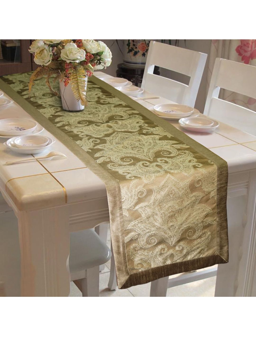 Lushomes Olive-Green Self Design Jacquard Table Runner Price in India