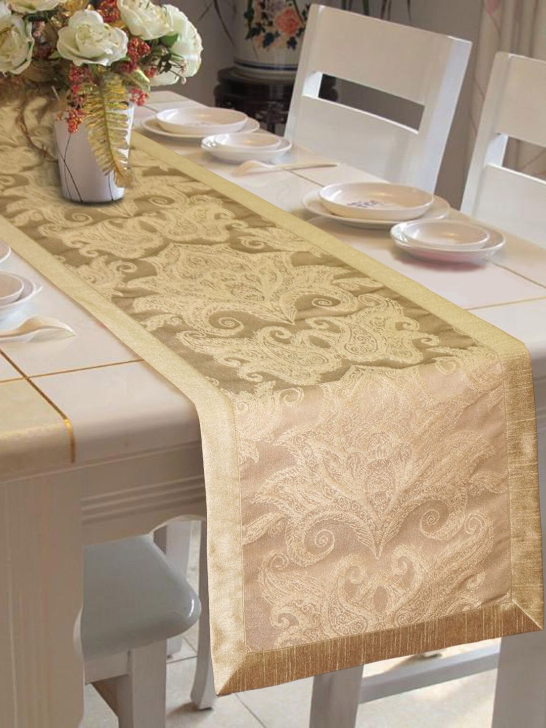Lushomes Gold-Coloured Ethnic Motifs Jacquard Table Runner Price in India