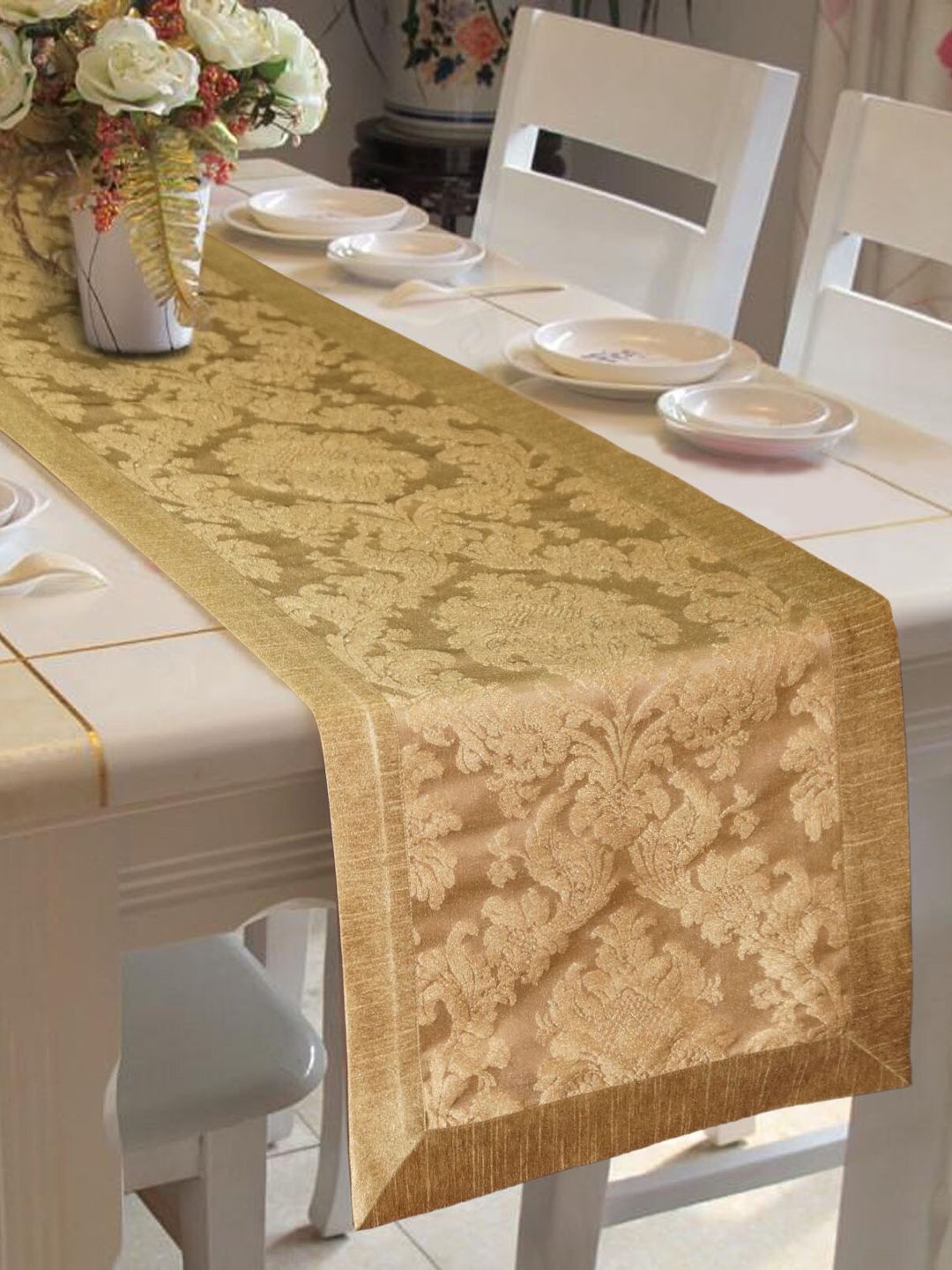 Lushomes Gold-Coloured Jacquard Table Runner Price in India