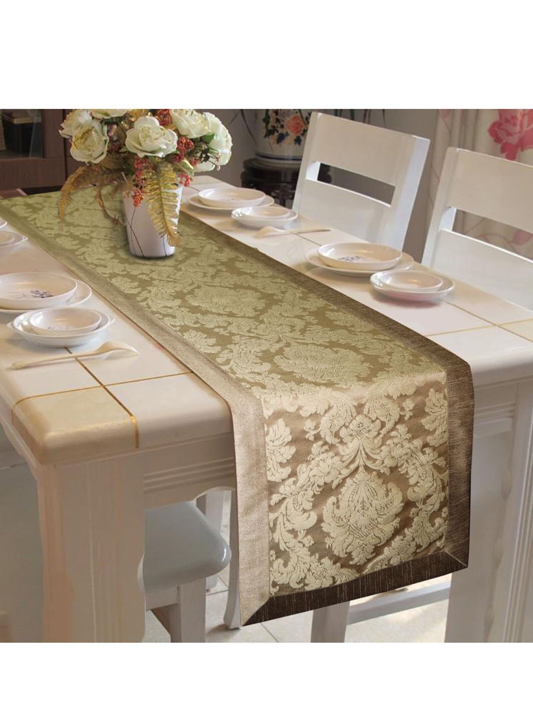 Lushomes Gold Coloured Patterned Jacquard Table Runner Price in India