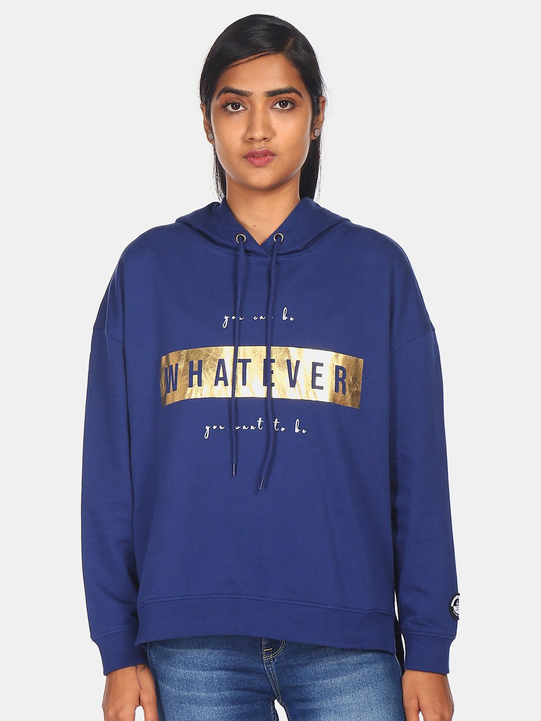 Flying Machine Women Blue & Gold-Toned Typography Printed Pure Cotton Hooded Sweatshirt Price in India