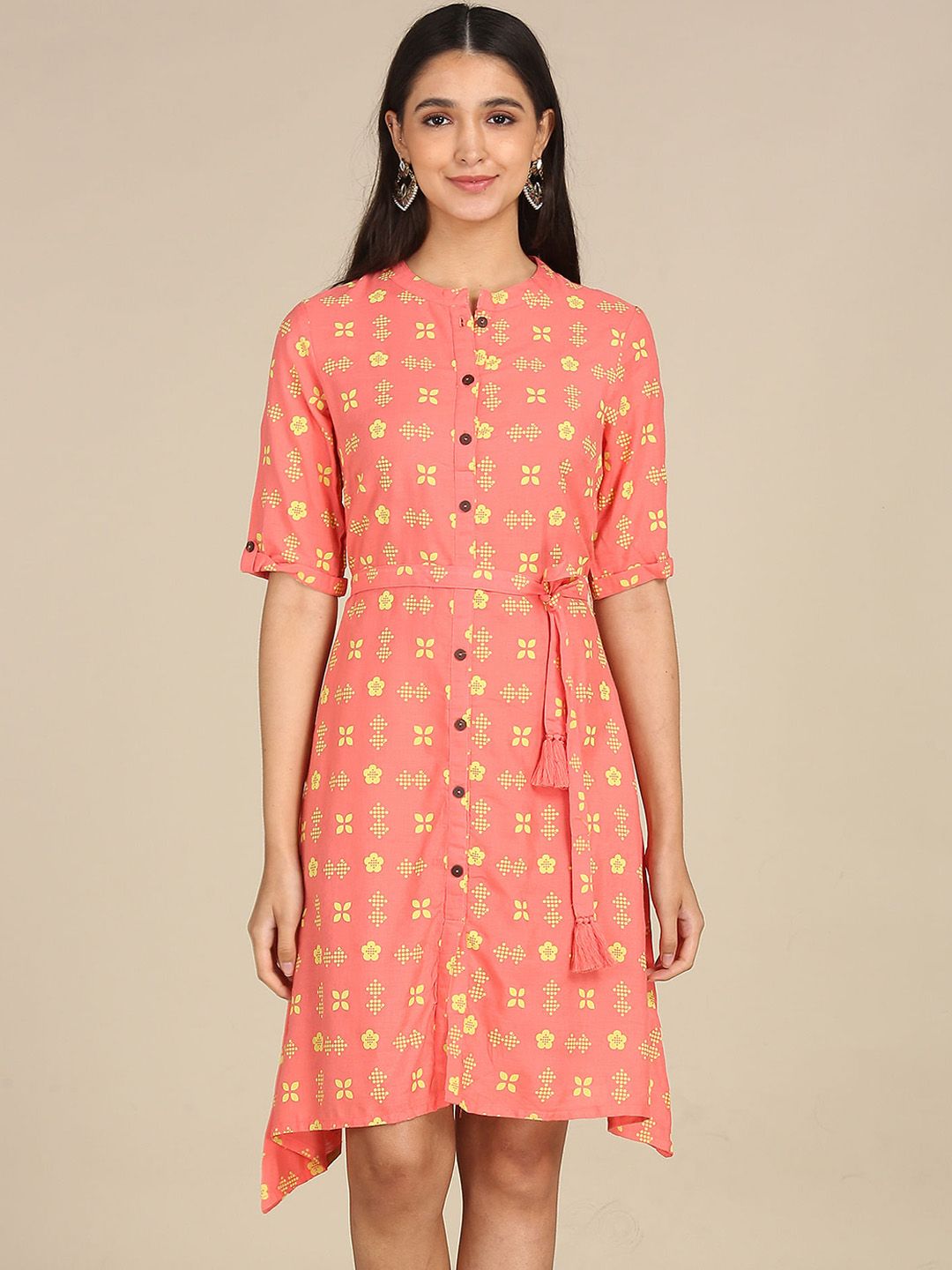 Karigari Women Peach & Yellow Printed Belted Shirt Dress Price in India