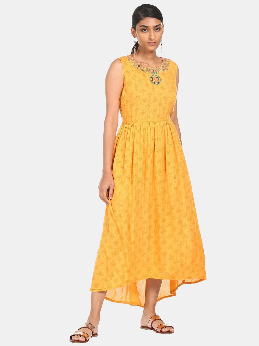 Karigari Yellow Ethnic Motifs Embroidered Midi Dress Price in India