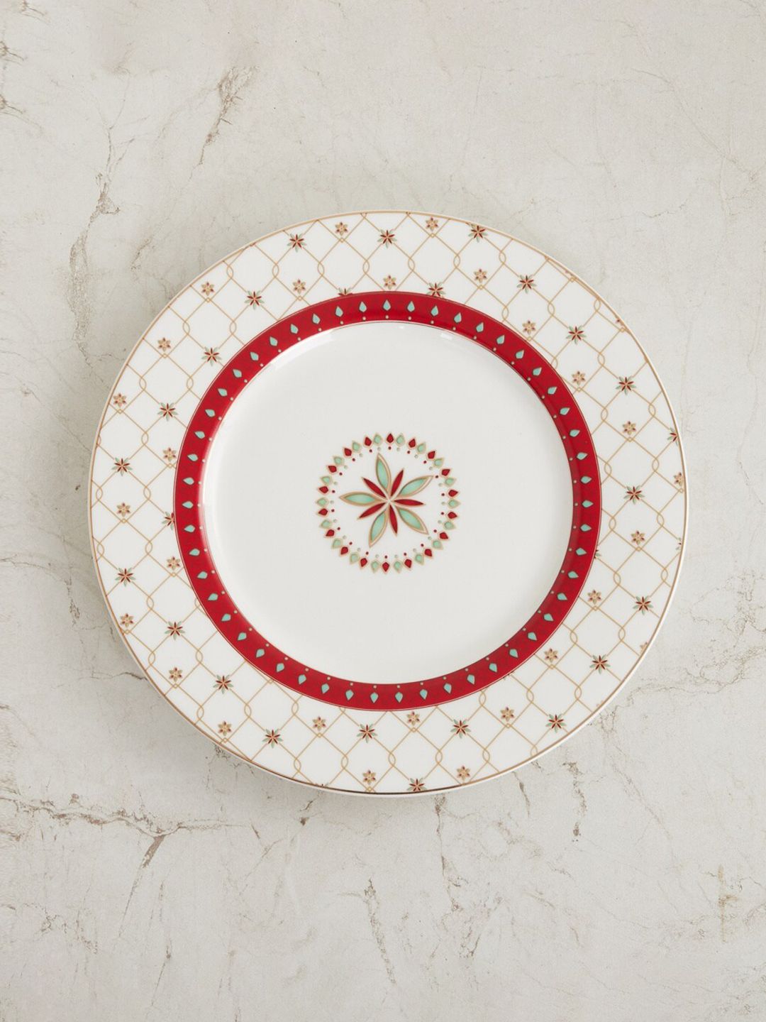 Home Centre White & Red 1 Piece Printed Bone China Glossy Plate Price in India