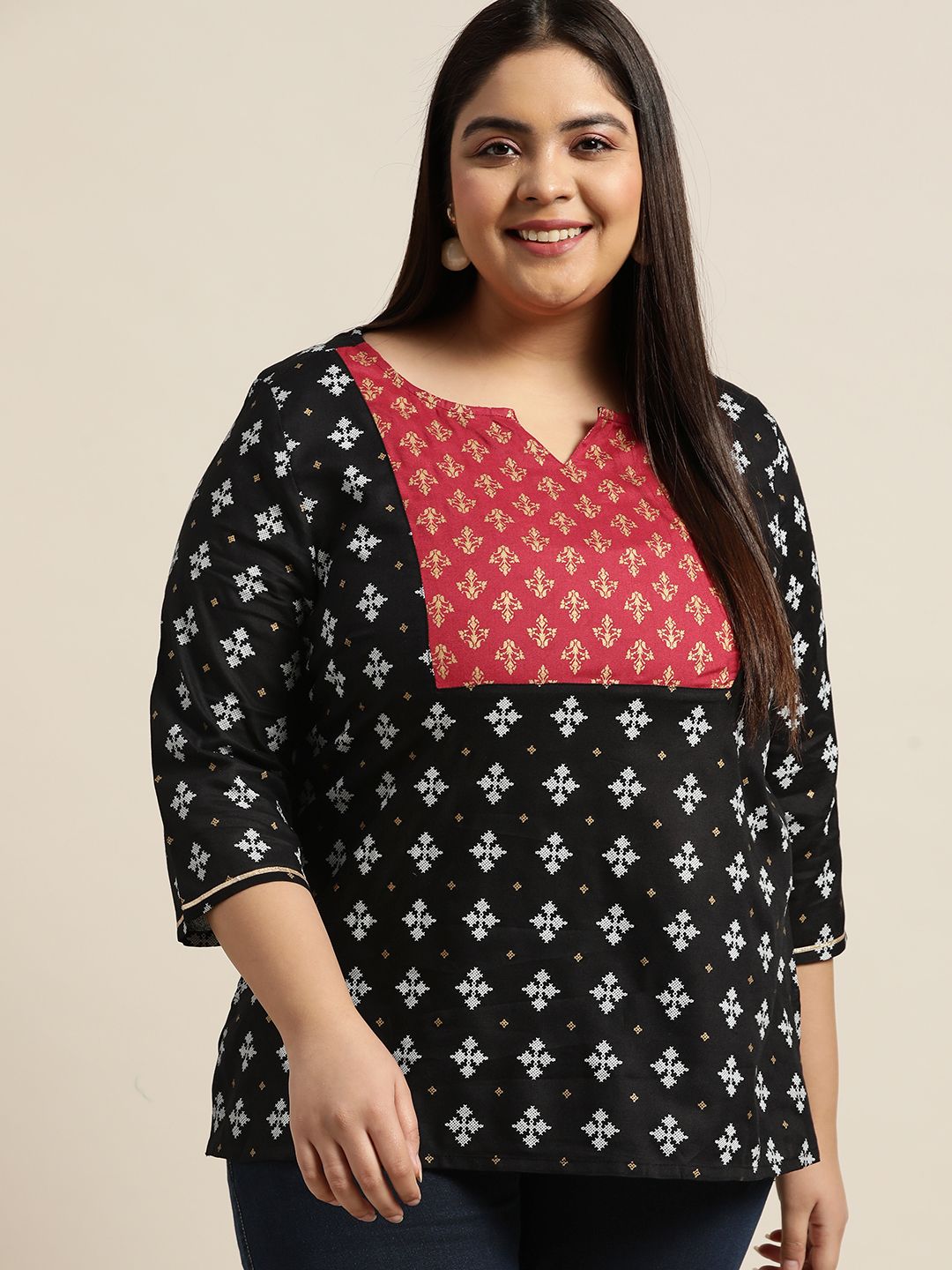 Sztori Women Plus Size Black & Red Ethnic Motifs Printed Kurti Price in India