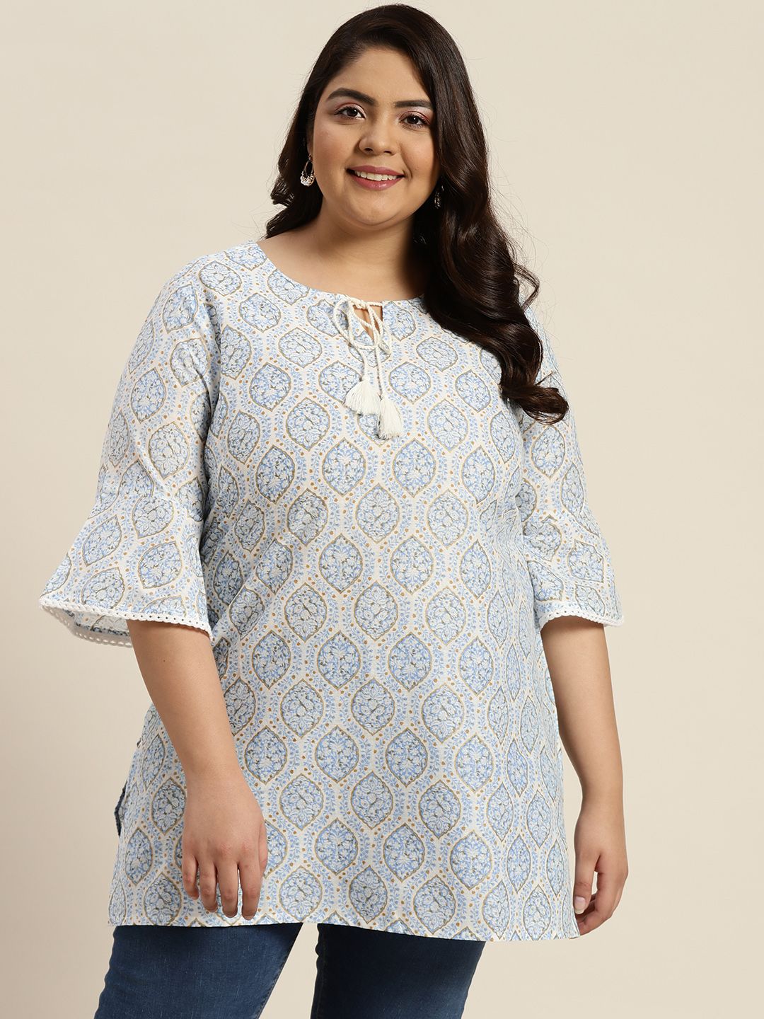 Sztori Plus Size White & Blue Pure Cotton Printed Flared Sleeves Kurti Price in India