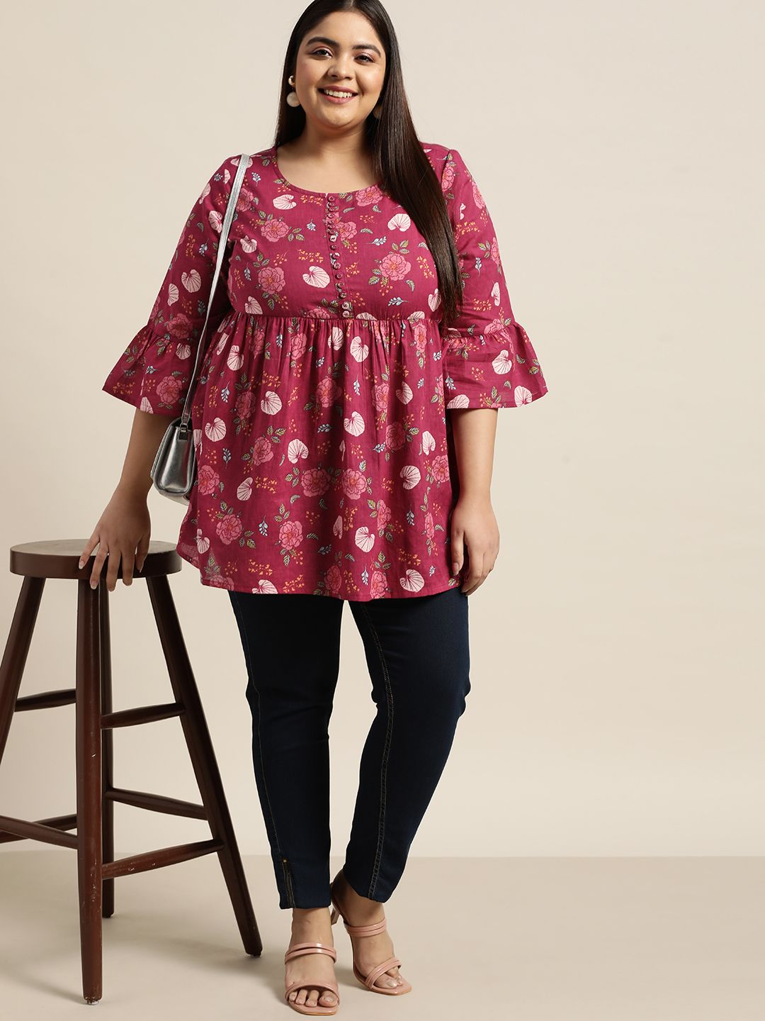 Sztori Plus Size Fuchsia & Green Floral Print Flared Sleeves Pure Cotton A-line Kurti Price in India