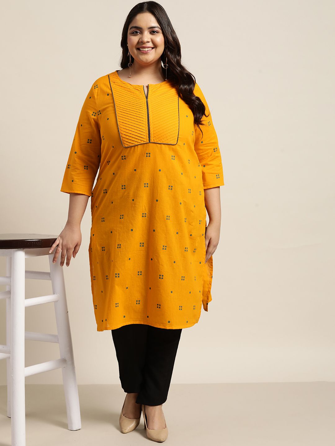 Sztori Women Plus Size Mustard Yellow & Grey Printed Pure Cotton Kurta Price in India