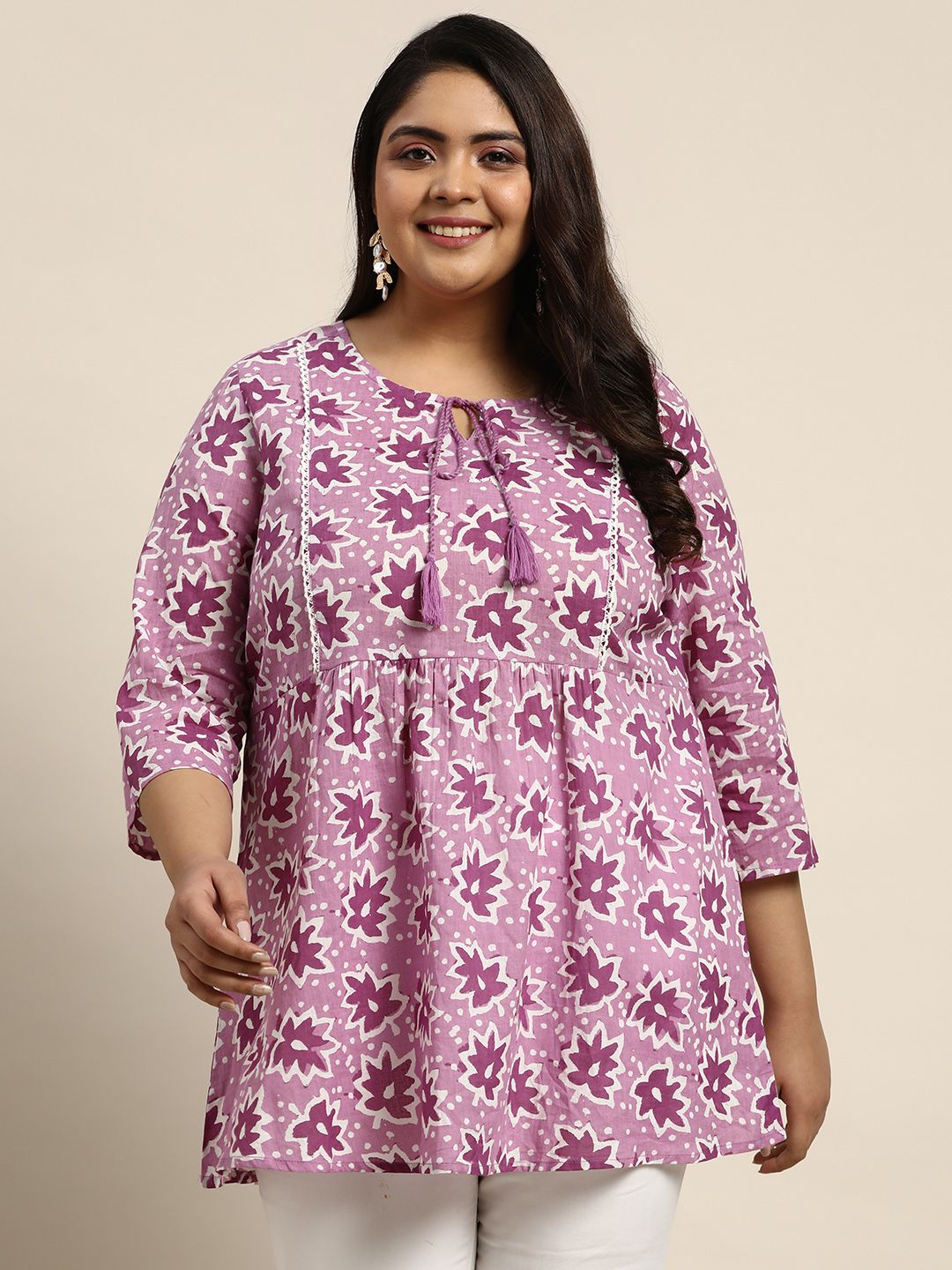 Sztori Women Plus Size Purple & White Ethnic Motifs Printed Pure Cotton Kurti Price in India