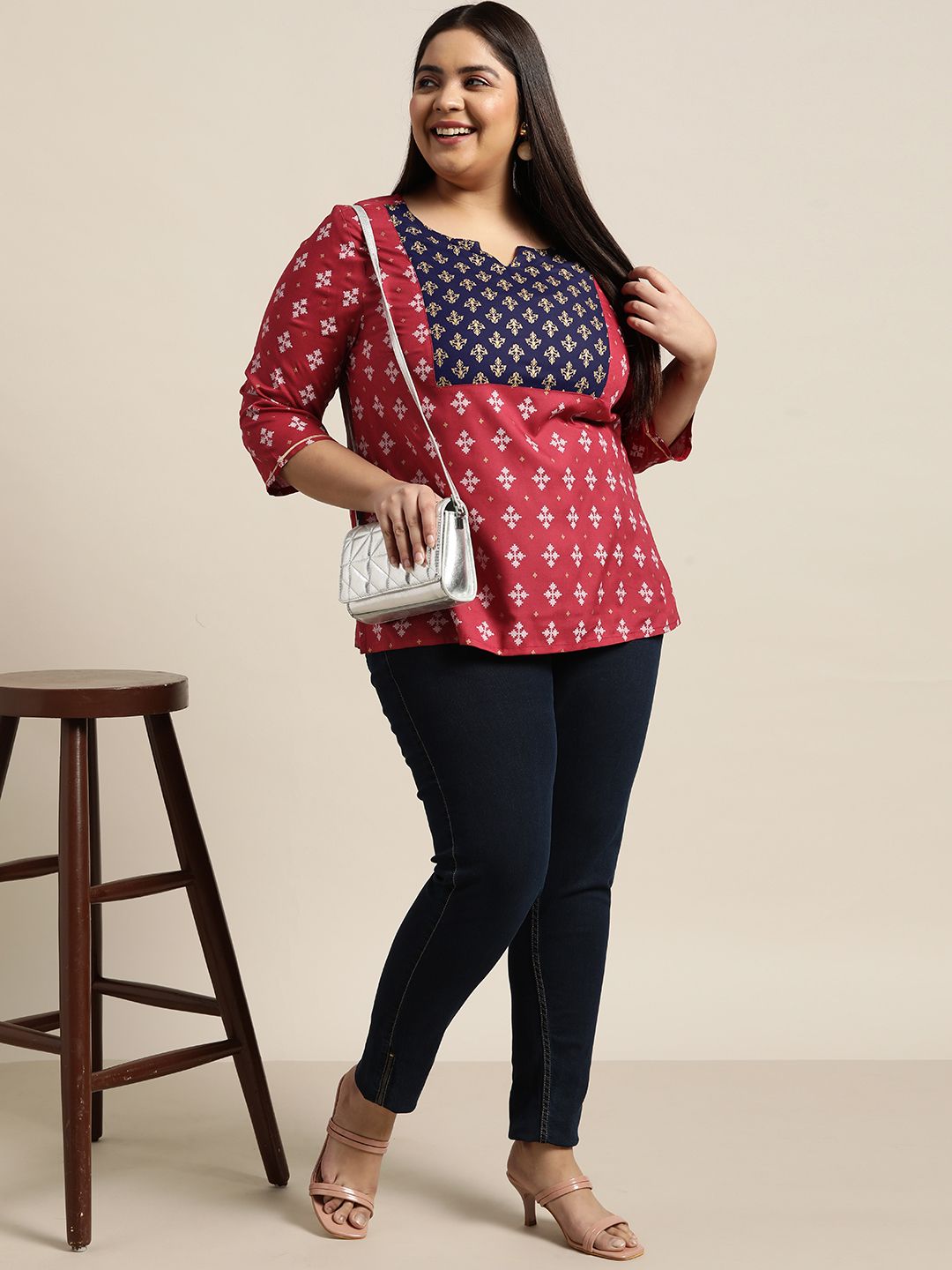 Sztori Women Plus Size Maroon & Navy Blue Ethnic Motifs Printed Kurti