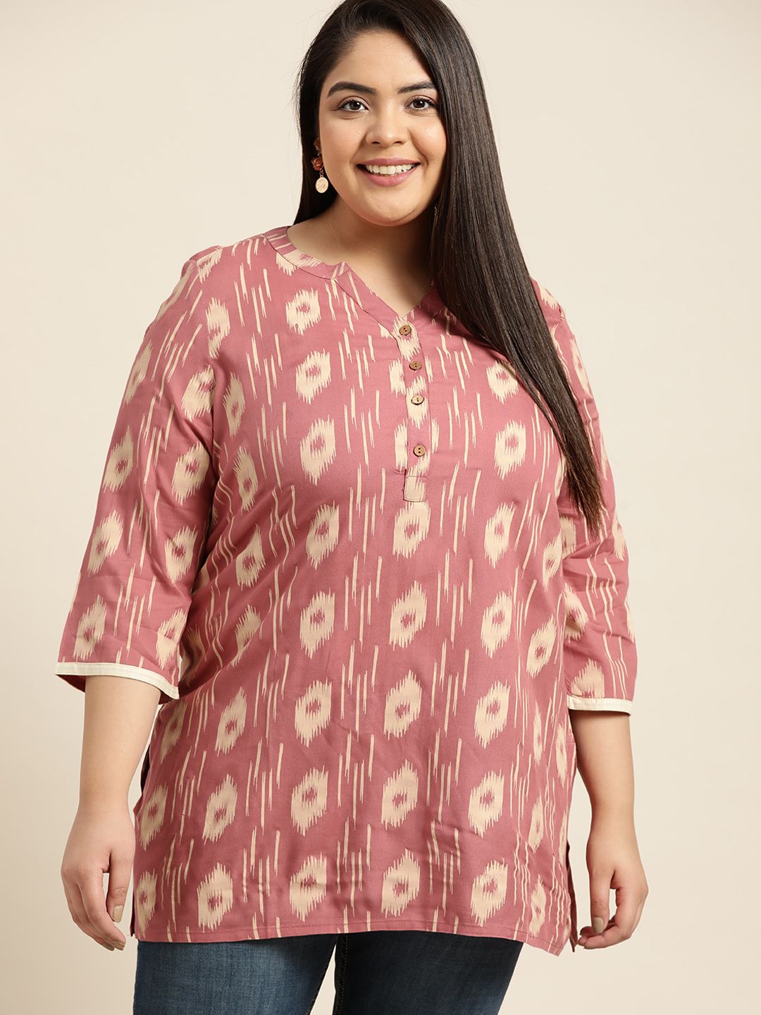 Sztori Women Plus Size Dusty Pink & Beige Printed Kurti