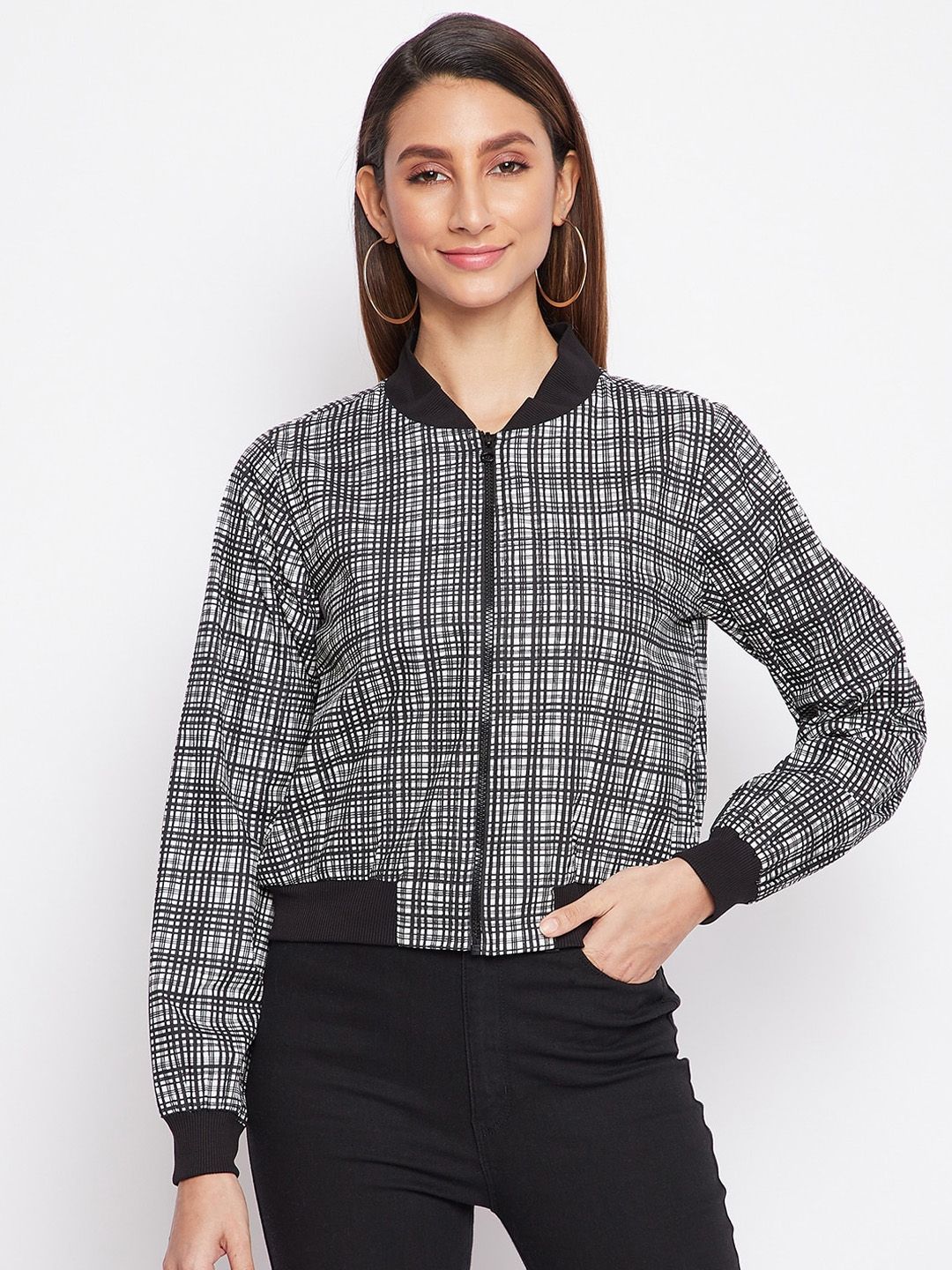 sandy AND ritz Women Black Checked Crop Bomber Jacket Price in India