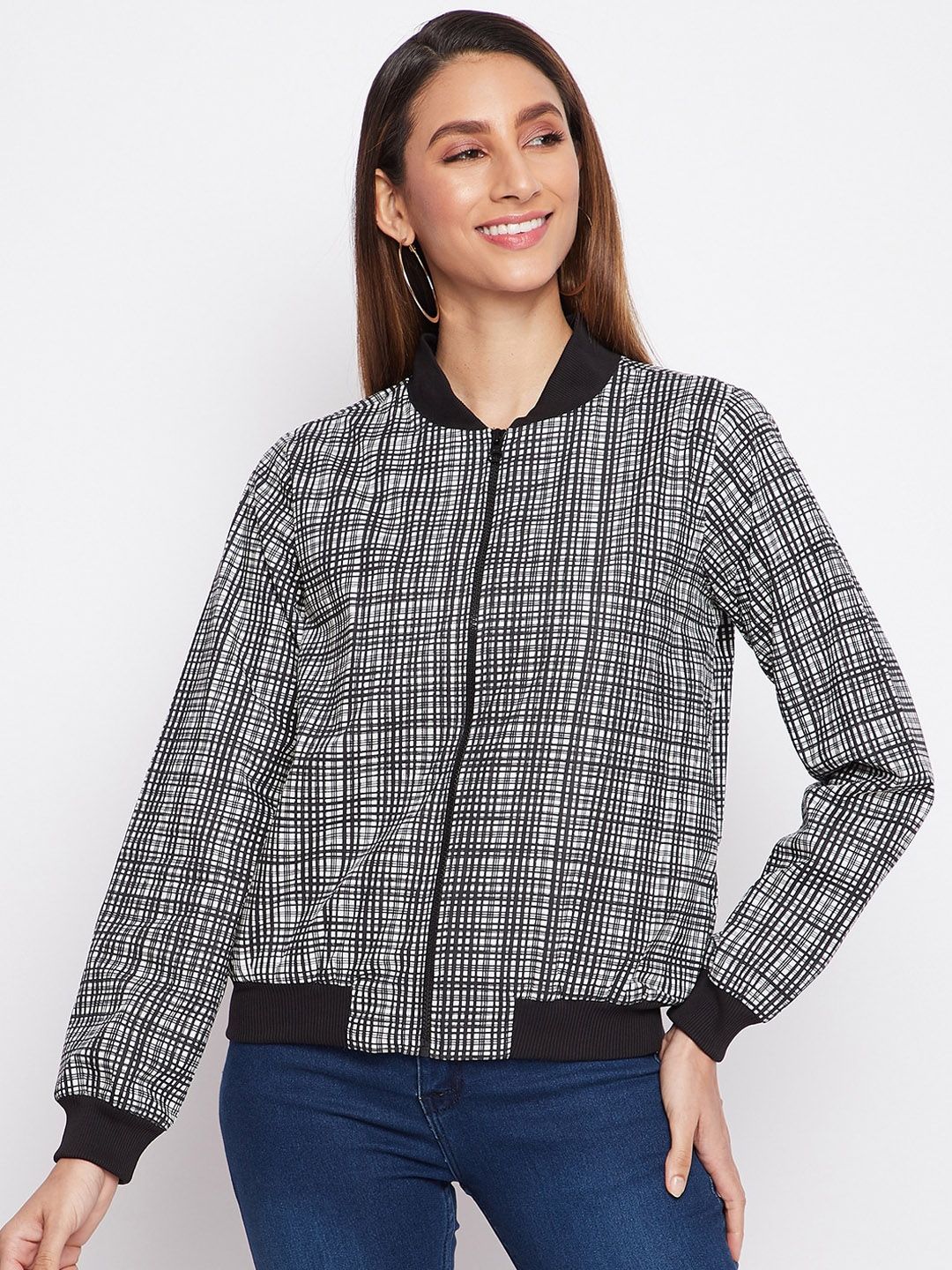 sandy AND ritz Women Black & White Checked Lightweight Cotton Bomber Jacket Price in India