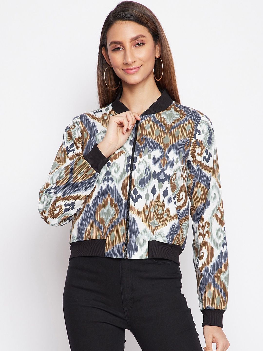 sandy AND ritz Women White & Brown Abstract Printed Lightweight Cotton Crop Bomber Jacket Price in India