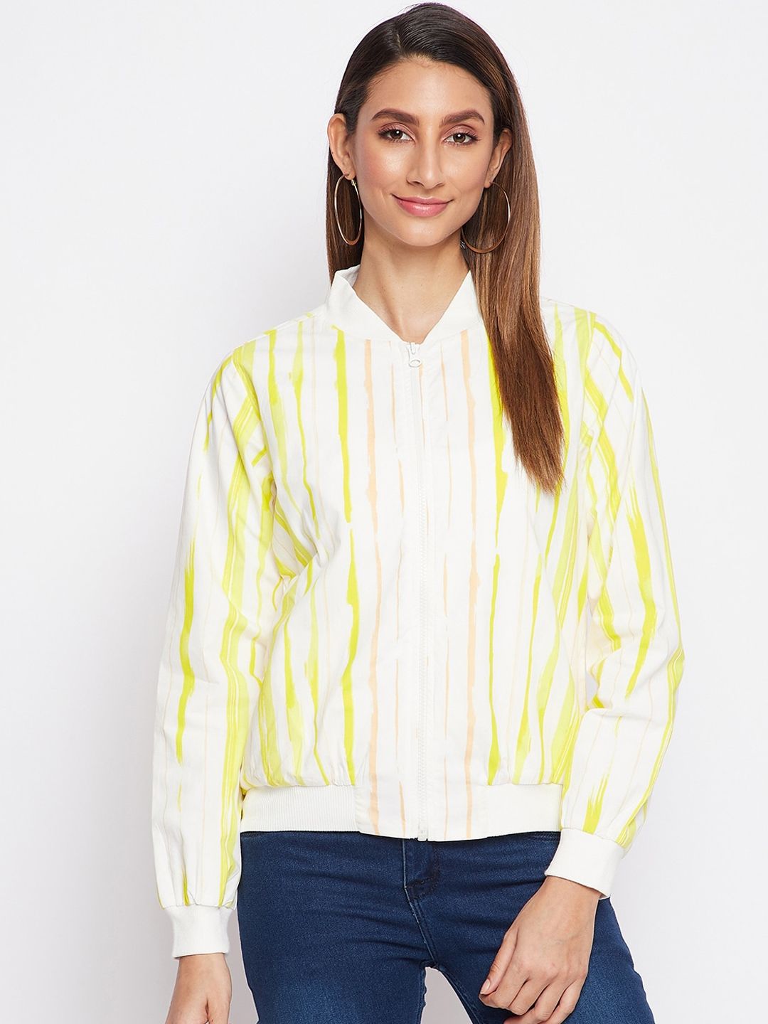 sandy AND ritz Women Yellow & White Striped Lightweight Cotton Bomber Jacket Price in India