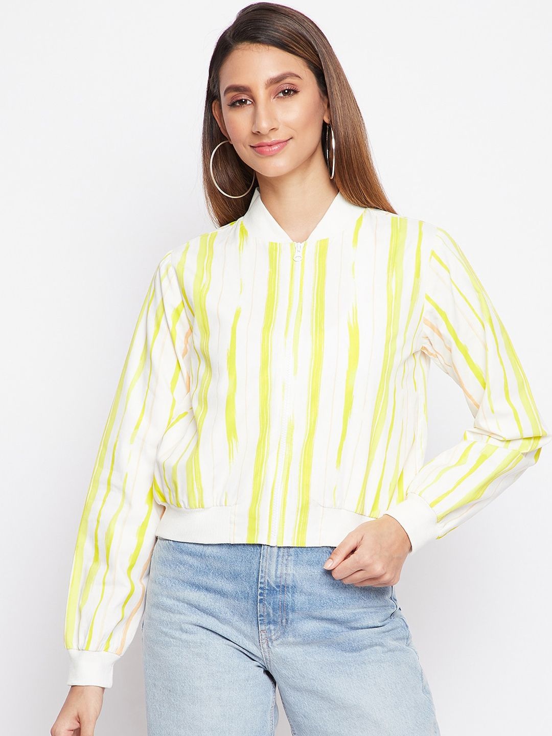 sandy AND ritz Women Yellow Striped Lightweight Crop Bomber Jacket Price in India