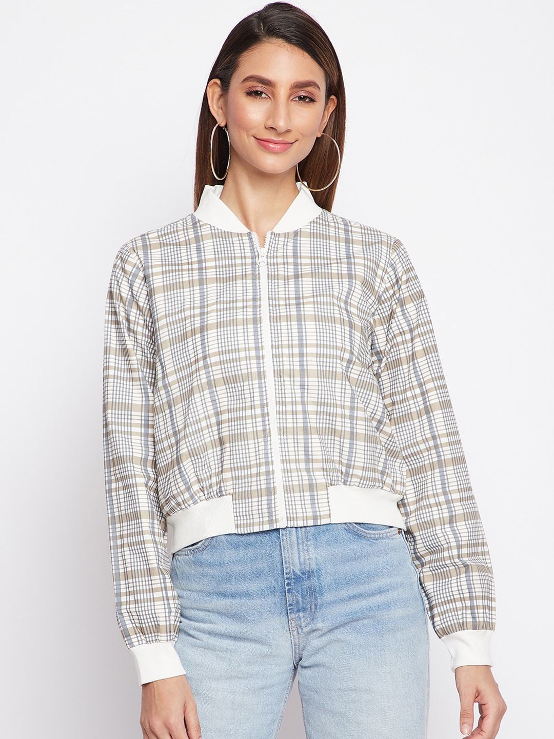 sandy AND ritz Women Grey Checked Lightweight Crop Tailored Jacket Price in India