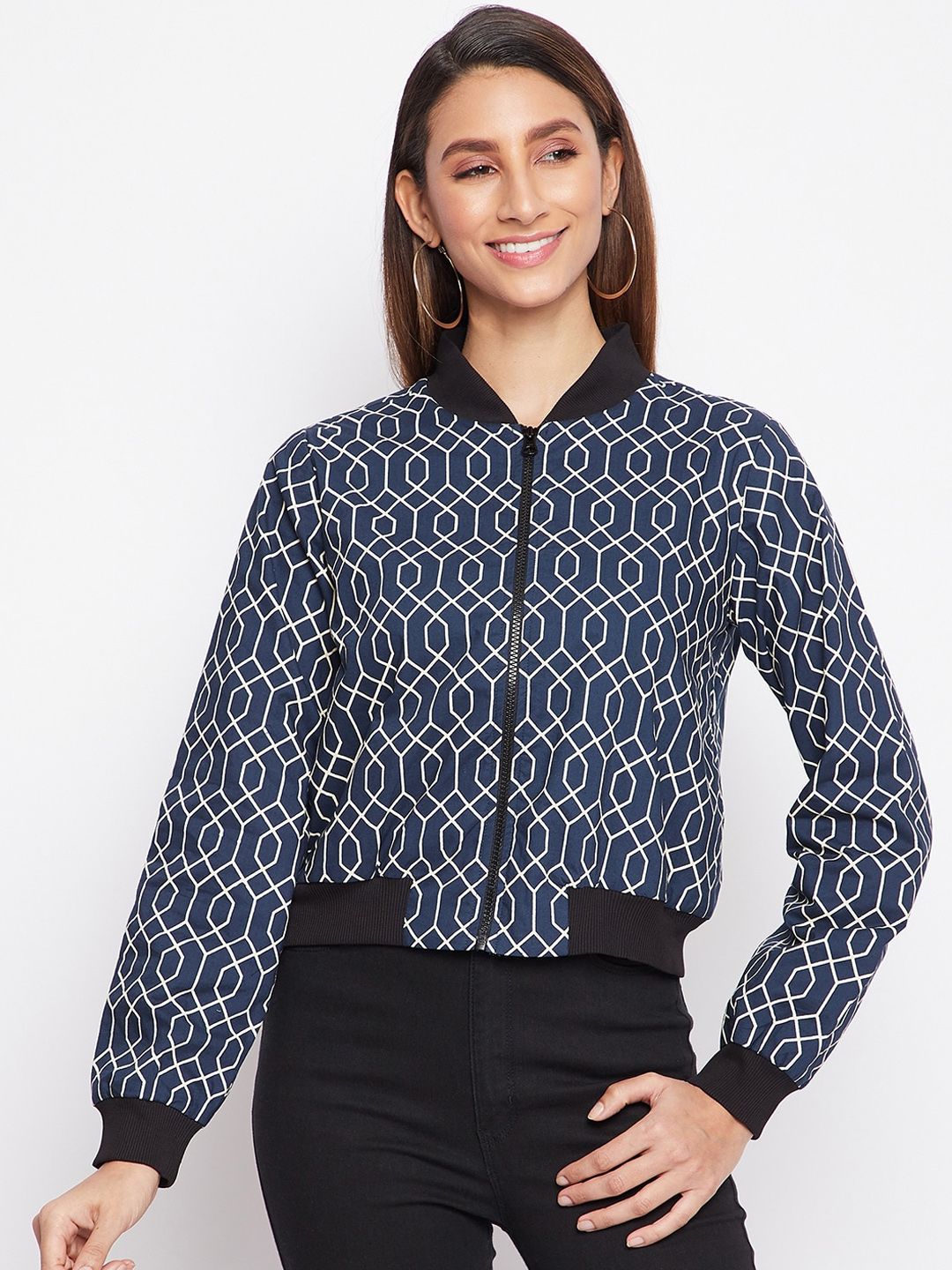 sandy AND ritz Women Navy Blue Geometric Crop Bomber Jacket Price in India