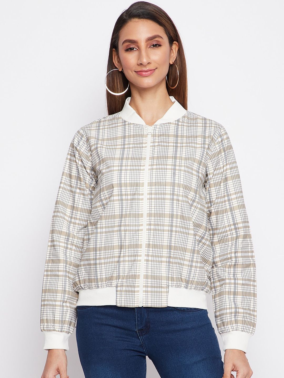 sandy AND ritz Women Grey & White Checked Lightweight Cotton Bomber Jacket Price in India