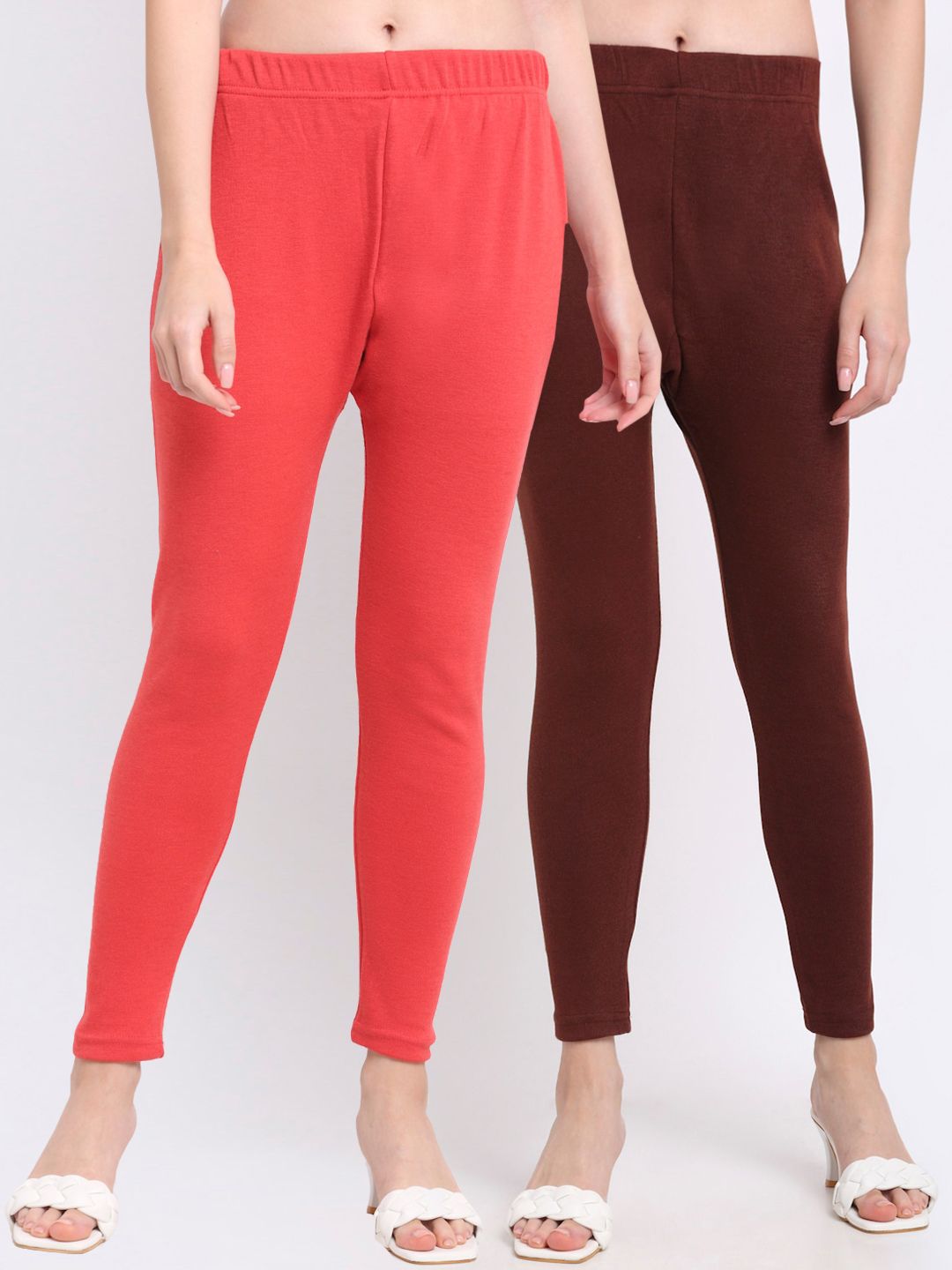 TAG 7 Women Pack Of 2 Peach Coloured & Brown Solid Ankle-Length Leggings Price in India