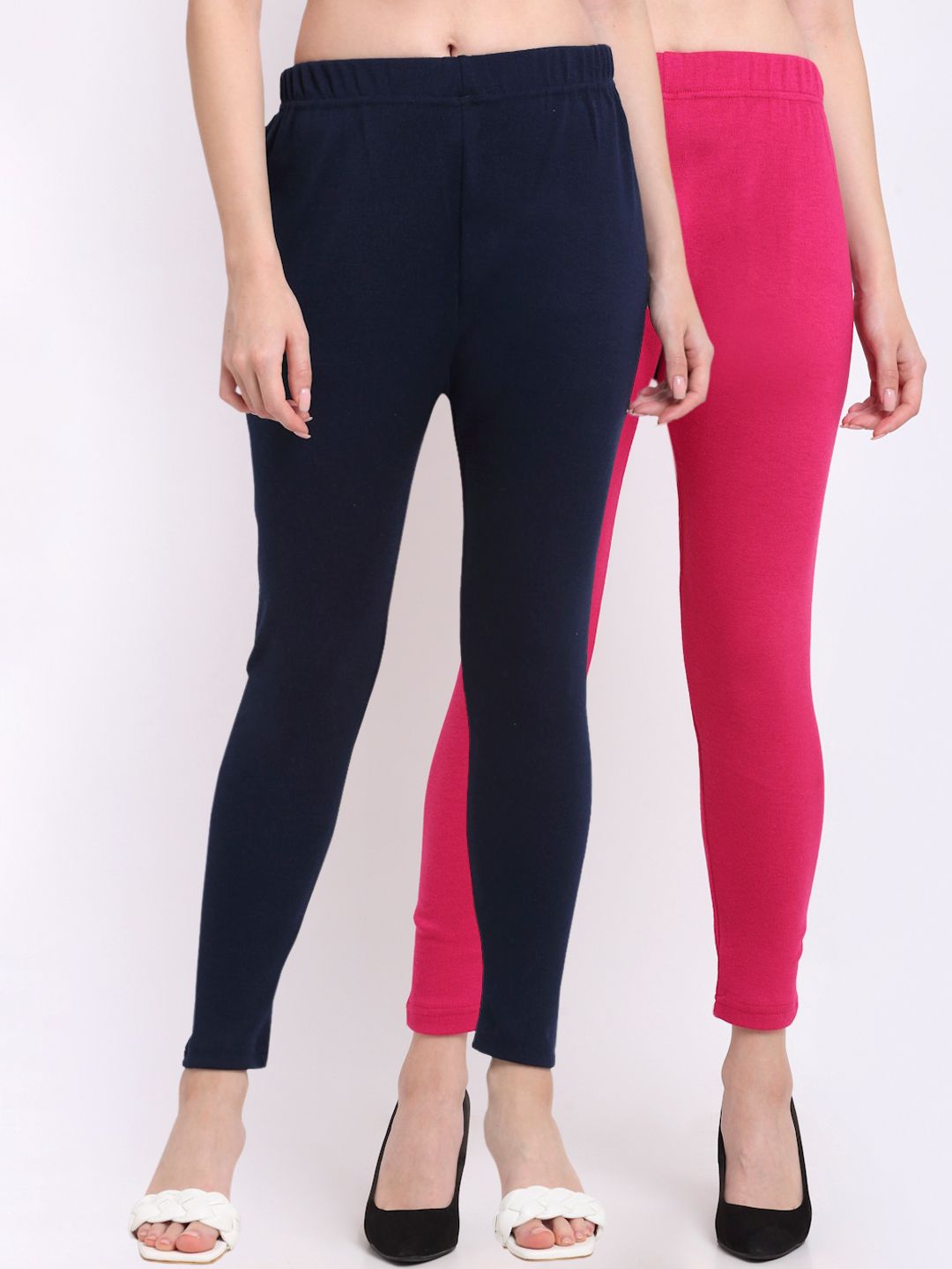 TAG 7 Women Pack Of 2 Navy Blue & Pink Solid Ankle-Length Leggings Price in India