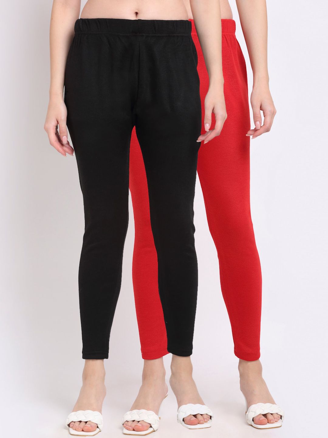 TAG 7 Women Pack Of 2 Black & Red Solid Ankle-Length Leggings Price in India