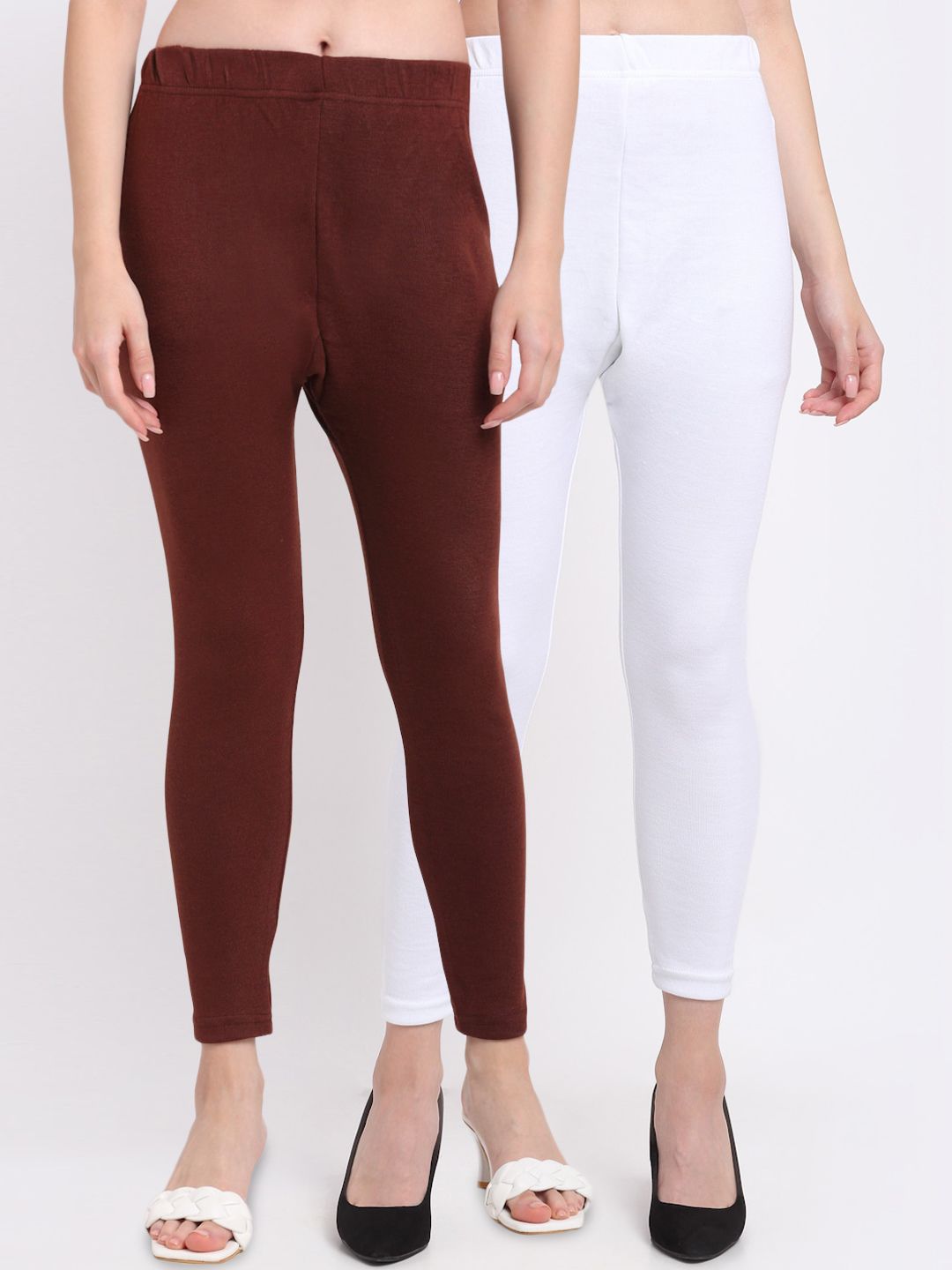 TAG 7 Women Pack Of 2 Brown & White Solid Ankle-Length Leggings Price in India