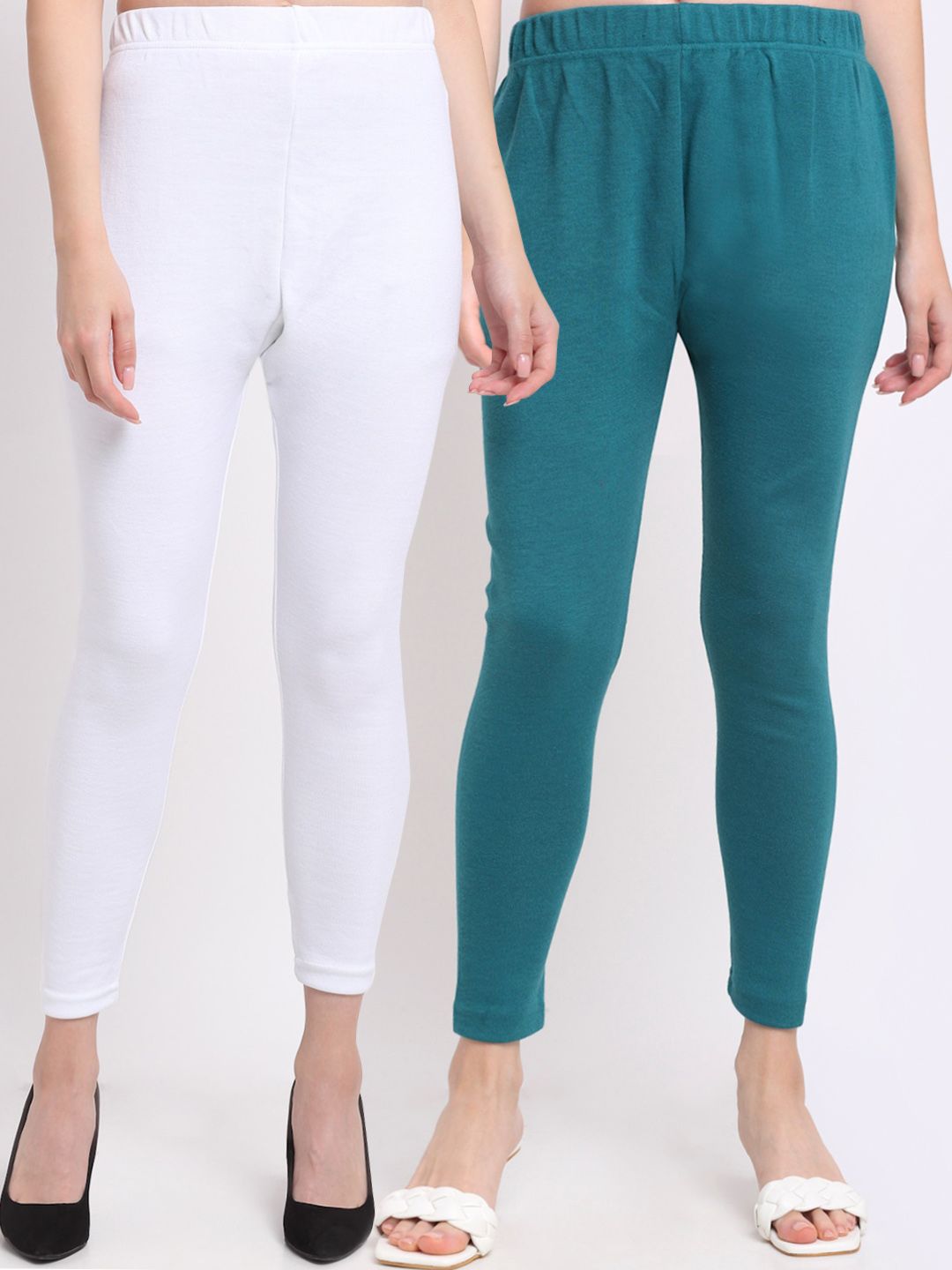 TAG 7 Women Pack Of 2 Solid Turquoise Blue & White Ankle Length Leggings Price in India