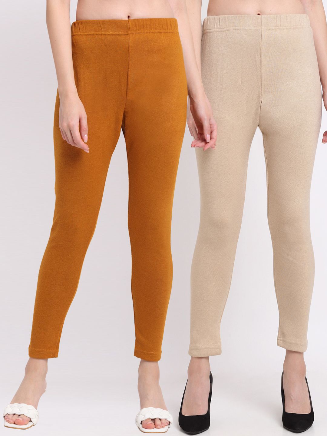 TAG 7 Women Pack Of 2 Mustard Yellow & Beige Solid Woolen Ankle-Length Leggings Price in India