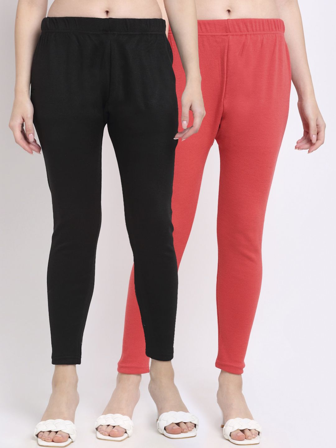 TAG 7 Women Pack Of 2 Peach & Black Solid Ankle-Length Leggings Price in India