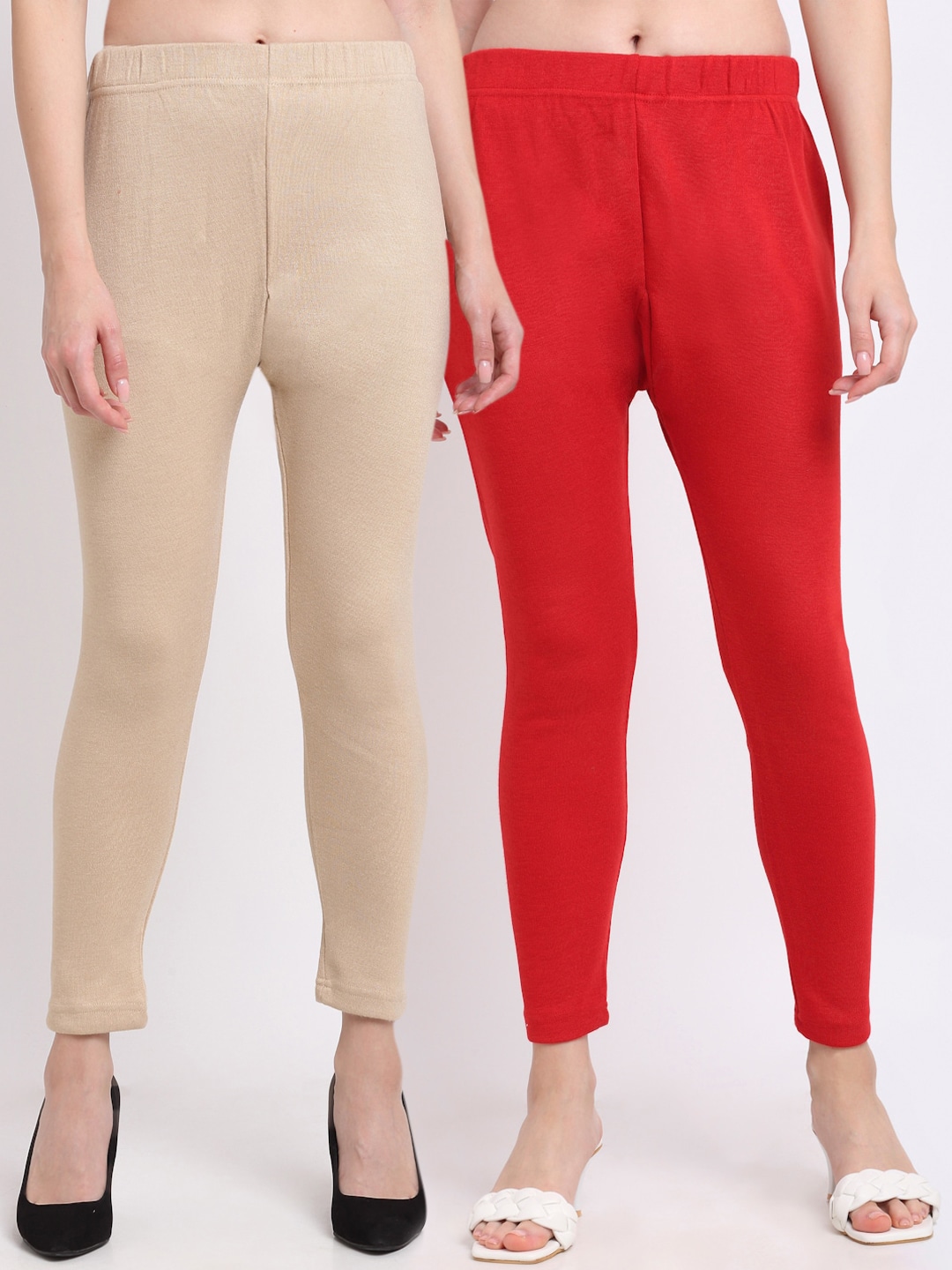 TAG 7 Women Pack Of 2 Red & Beige Solid Ankle-Length Leggings Price in India