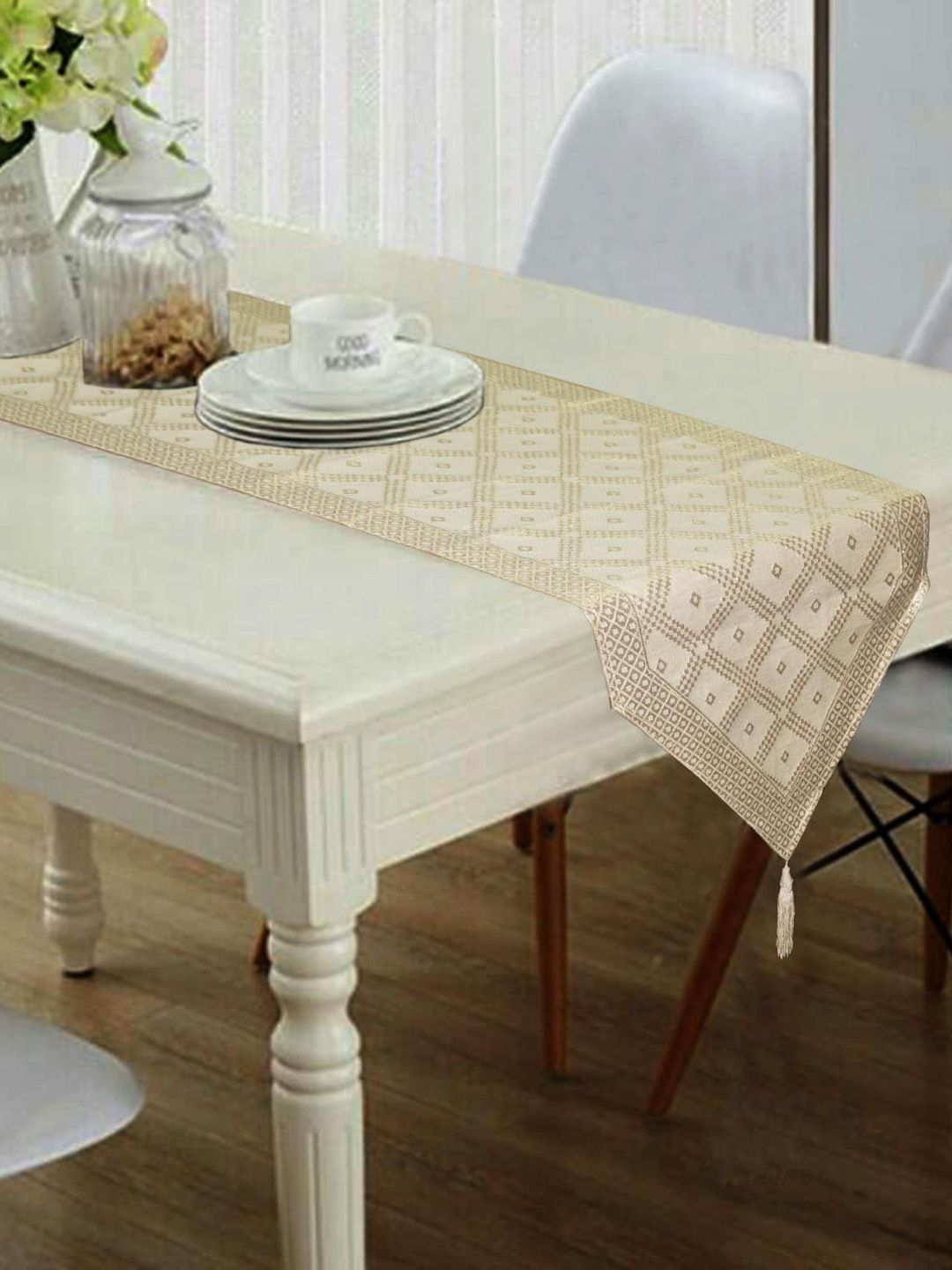 Lushomes Cream Colored & Gold-Toned Printed Table Runner Price in India