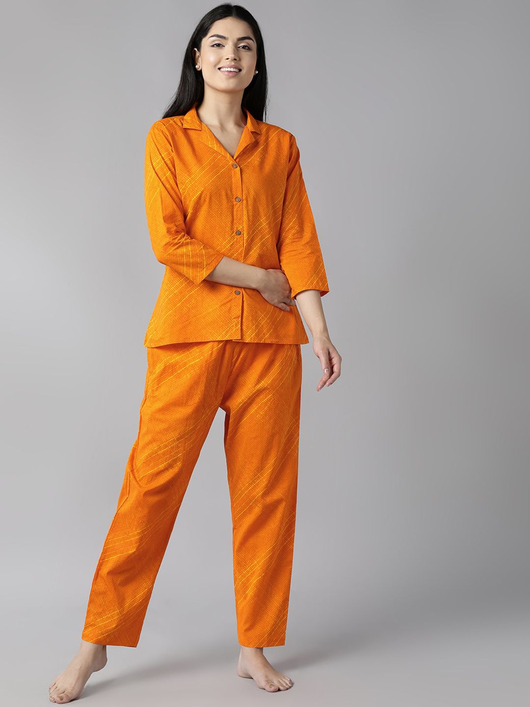 AHIKA Women Orange & Yellow Printed Pure Cotton Night suit Price in India