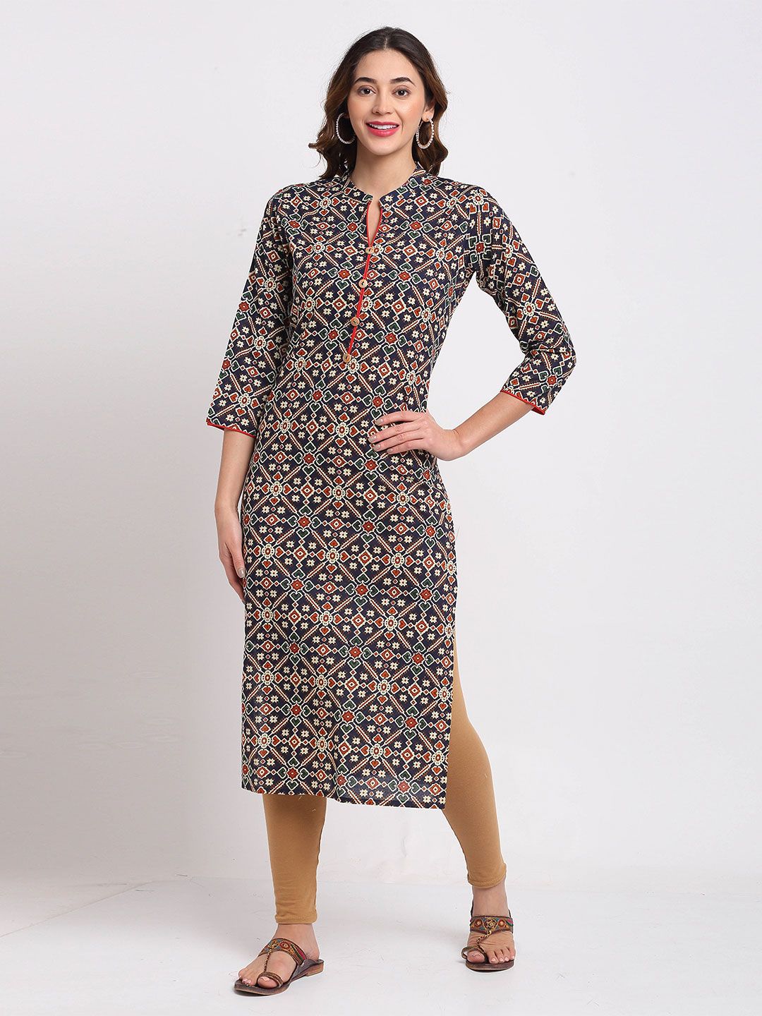 Rajnandini Blue & Red Geometric Printed Pure Cotton Handloom Kurti Price in India