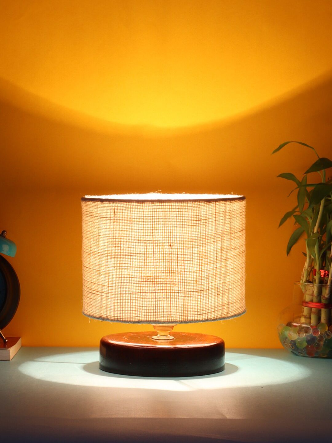 Devansh White & Brown Wood Base Jute Table Lamps with Shade Price in India