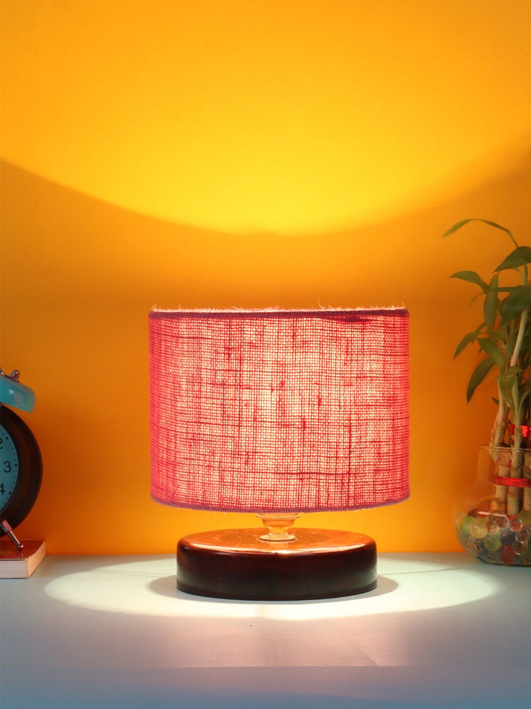 Devansh Pink Jute Table lamp with Wood Brown Base Price in India