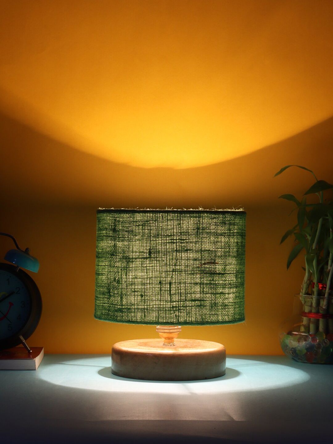 Devansh Green Jute Table lamp with Wood Natural Base & Shade Price in India