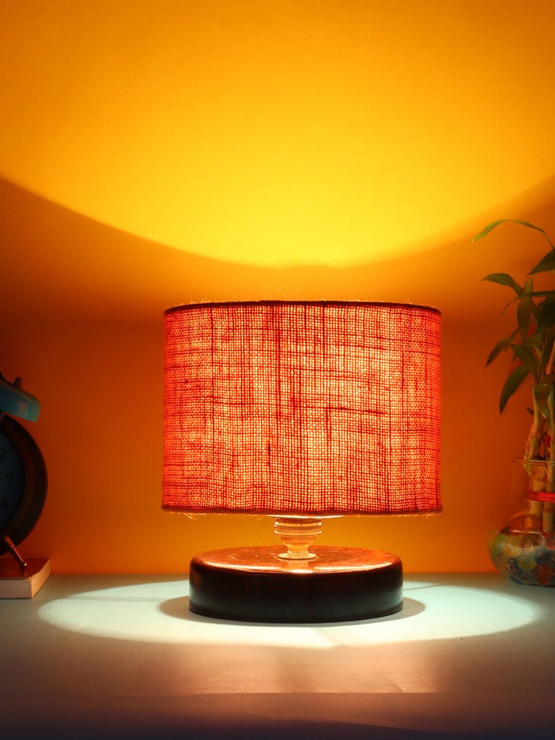 Devansh Orange & Brown Jute Table Lamp With Wood Base Price in India