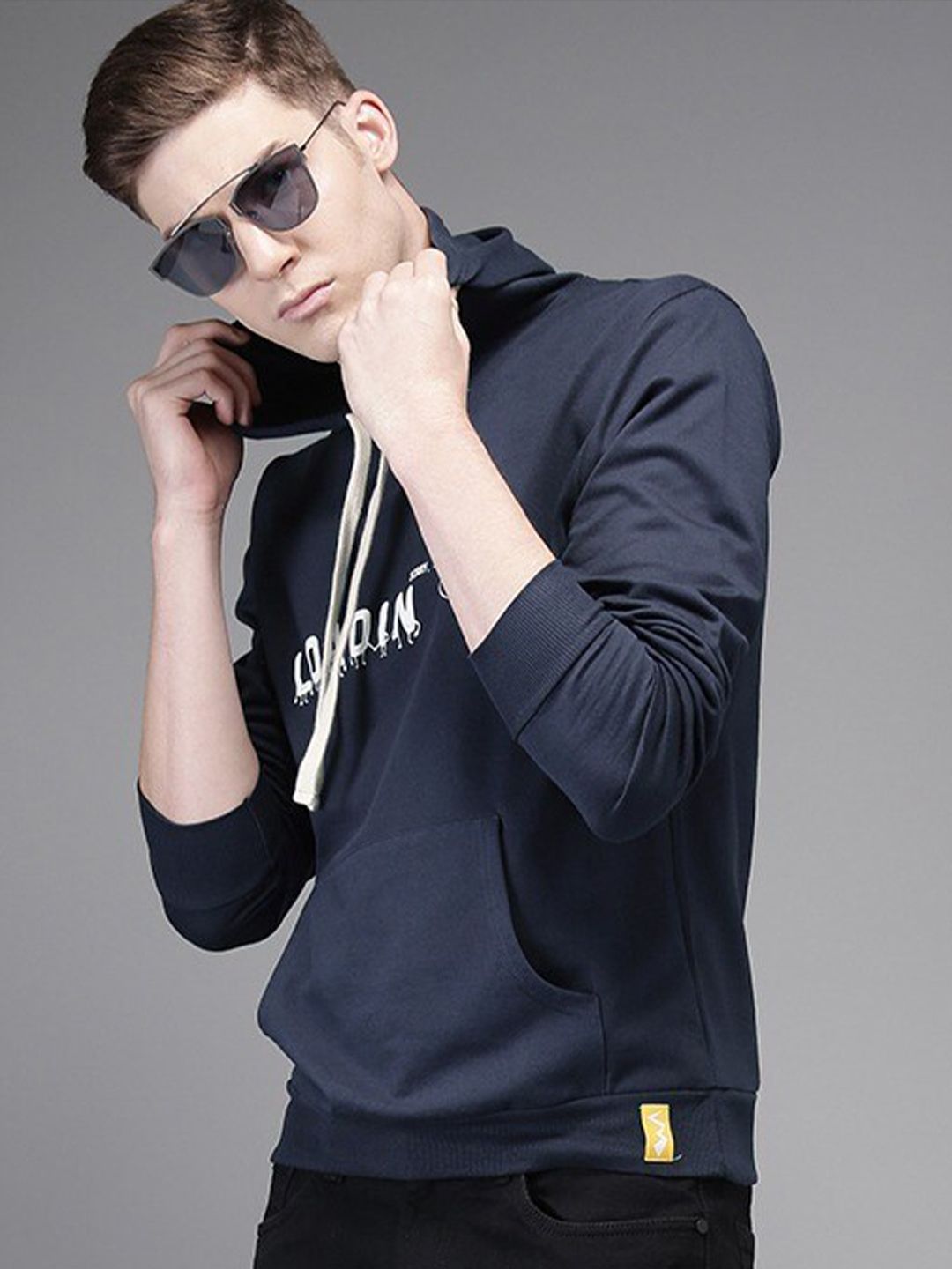 CAHOOT Men Navy Blue Printed Hooded Sweatshirt