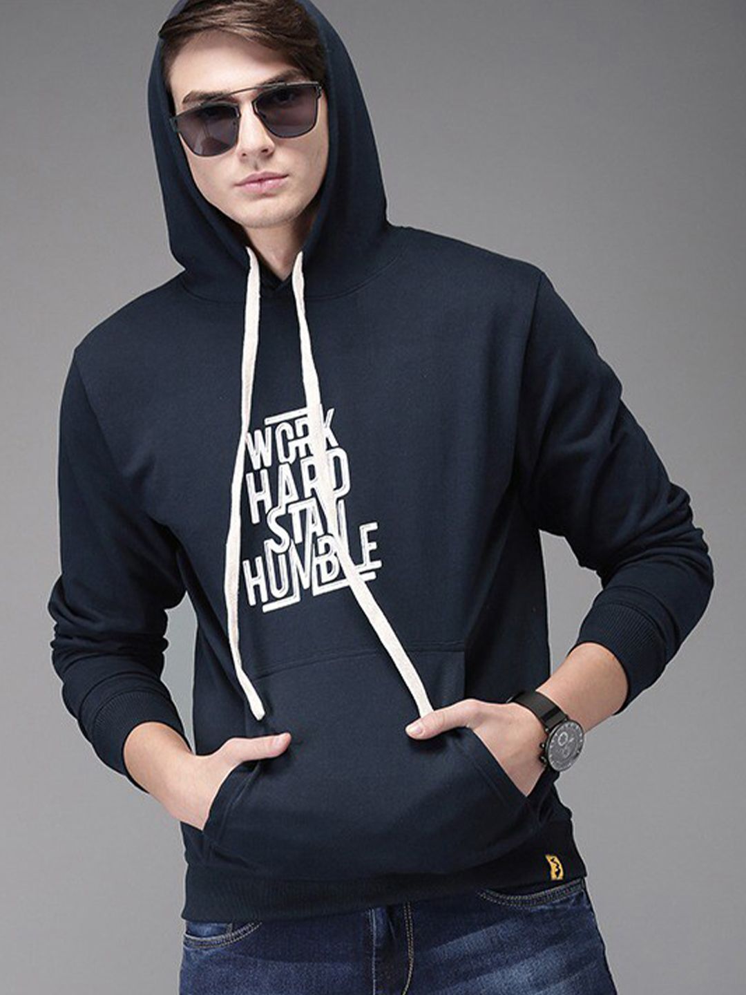 CAHOOT Men Navy Blue & White Printed Hooded Sweatshirt