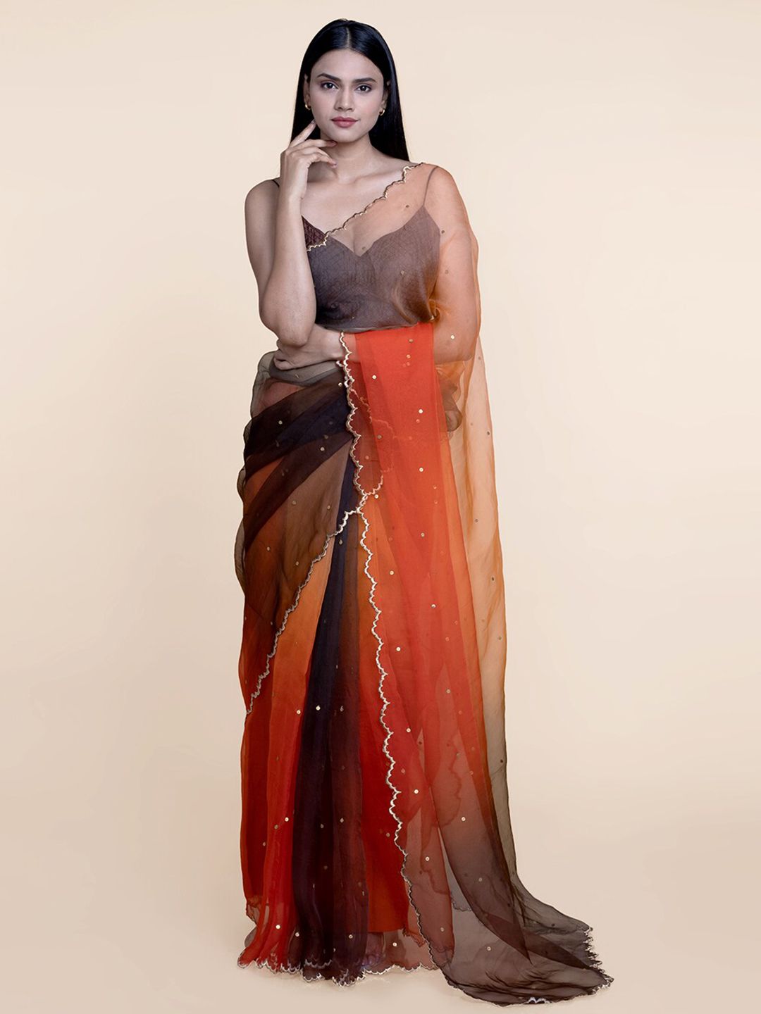 Suta Orange & Brown Organza Metal Sequine Ombre Saree Price in India