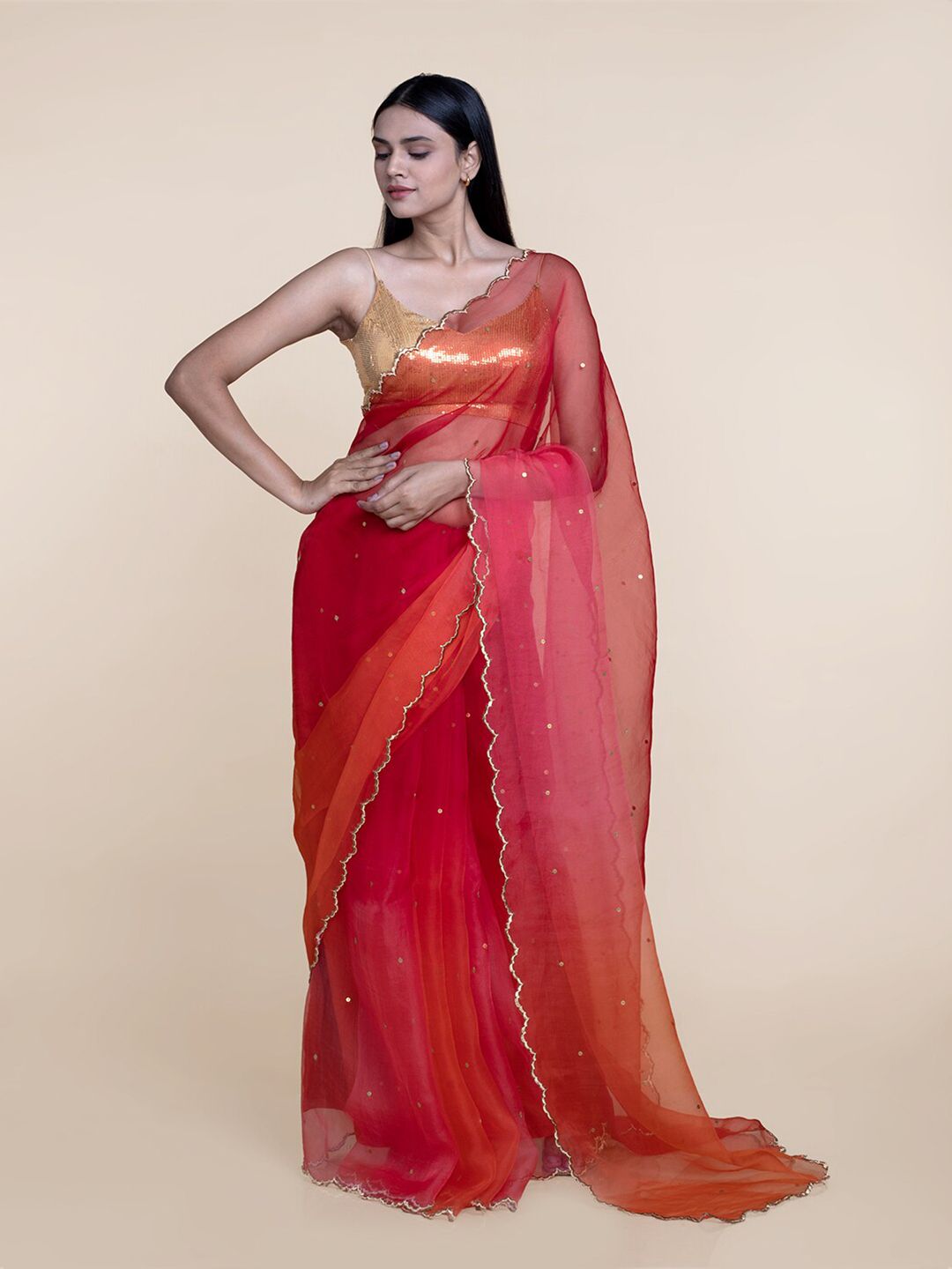 Suta Orange & Pink Organza Metal Sequin Ombre Saree Price in India